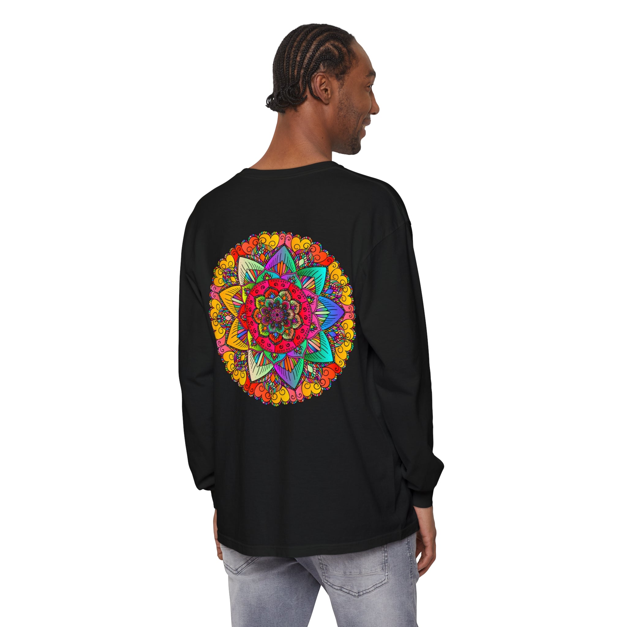 Unisex long sleeve t-shirt featuring a vibrant and eye-catching mandala design
