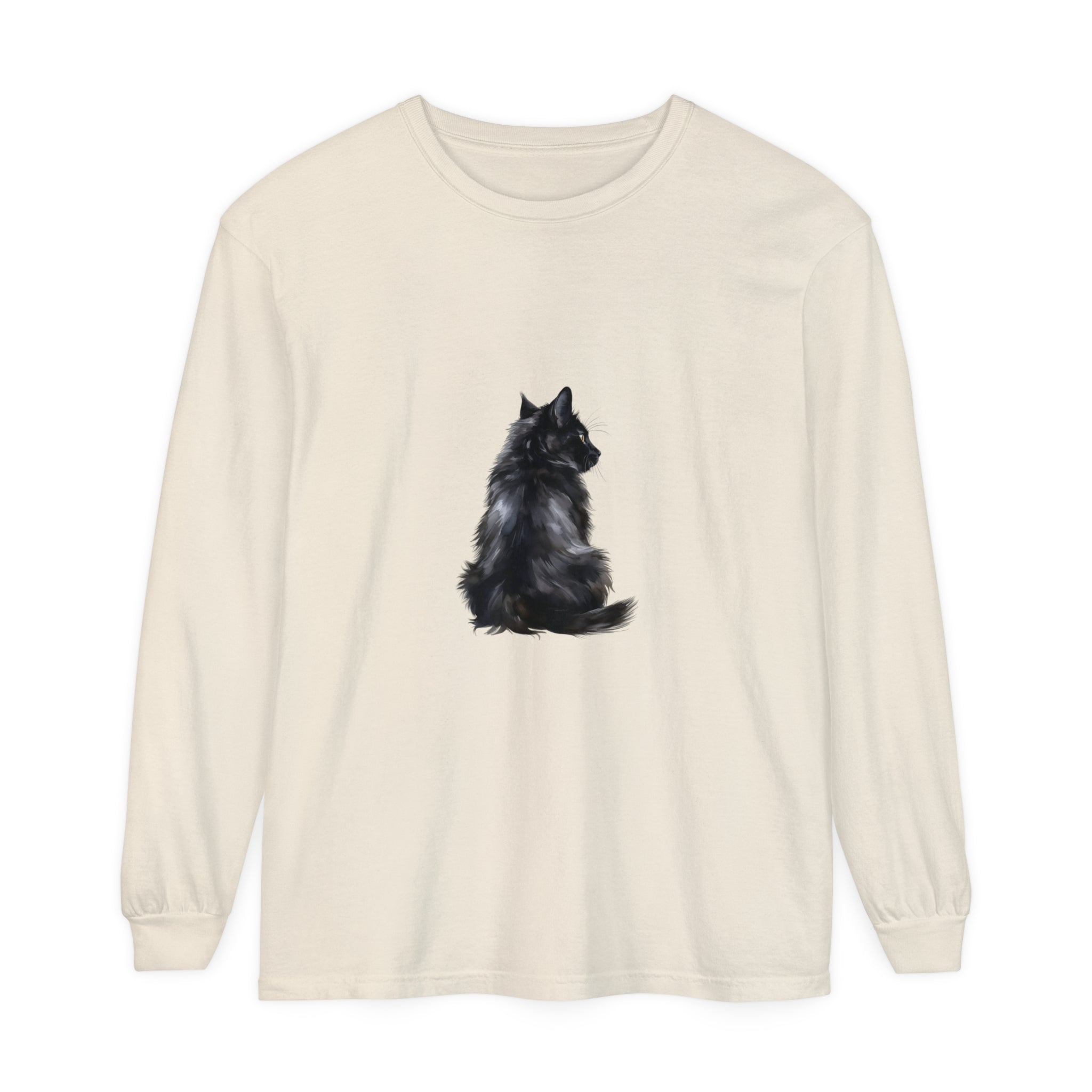 Black Cat Mystique Long Sleeve T-Shirt in Black with Intricate Cat Design