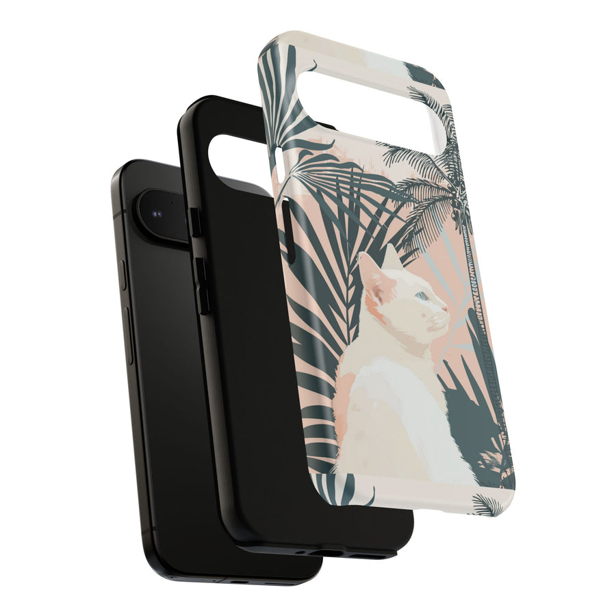 Tropical Cat Phone Case with Lush Palm Motifs and Soft Pastels