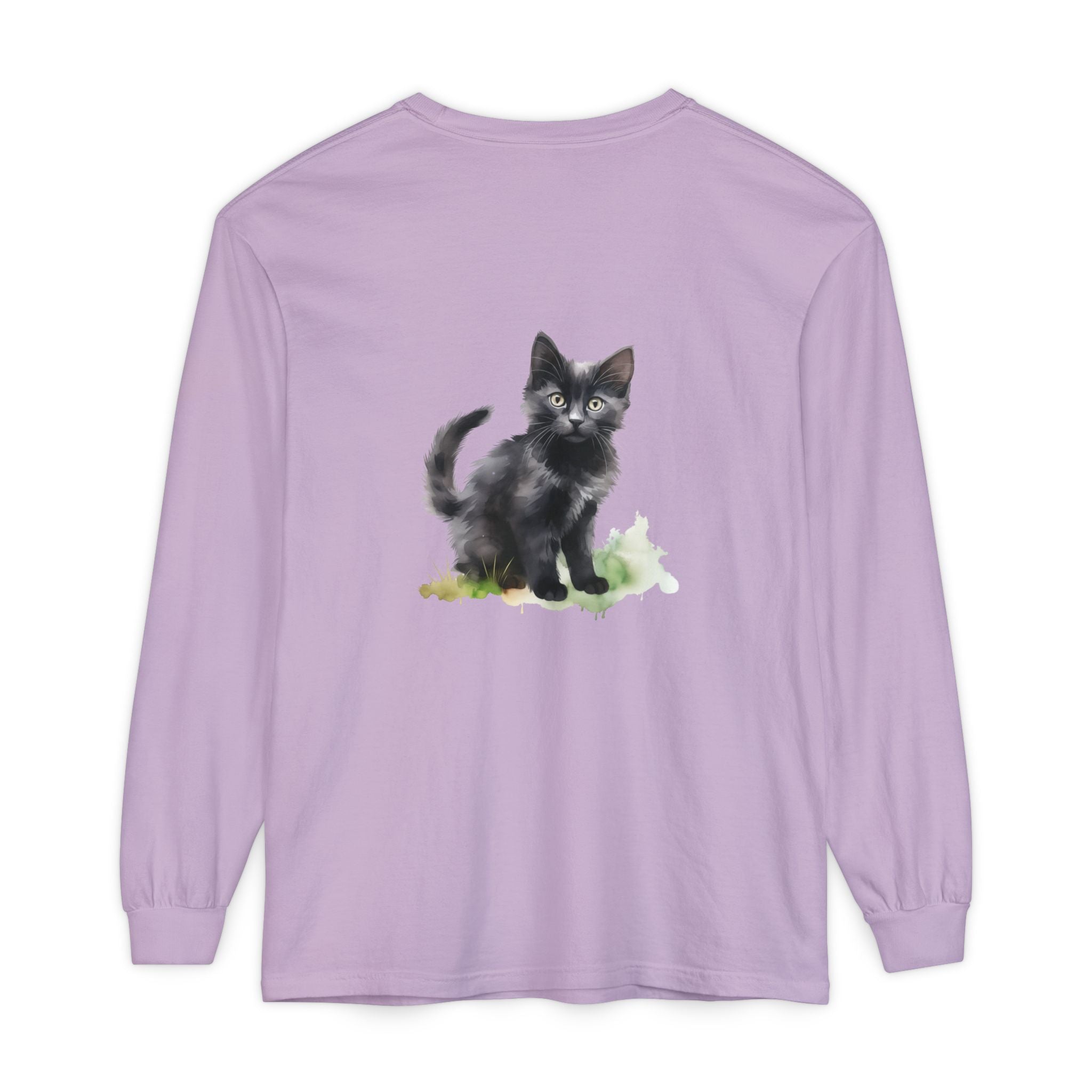 Maglietta a maniche lunghe con gatto nero e acquerello