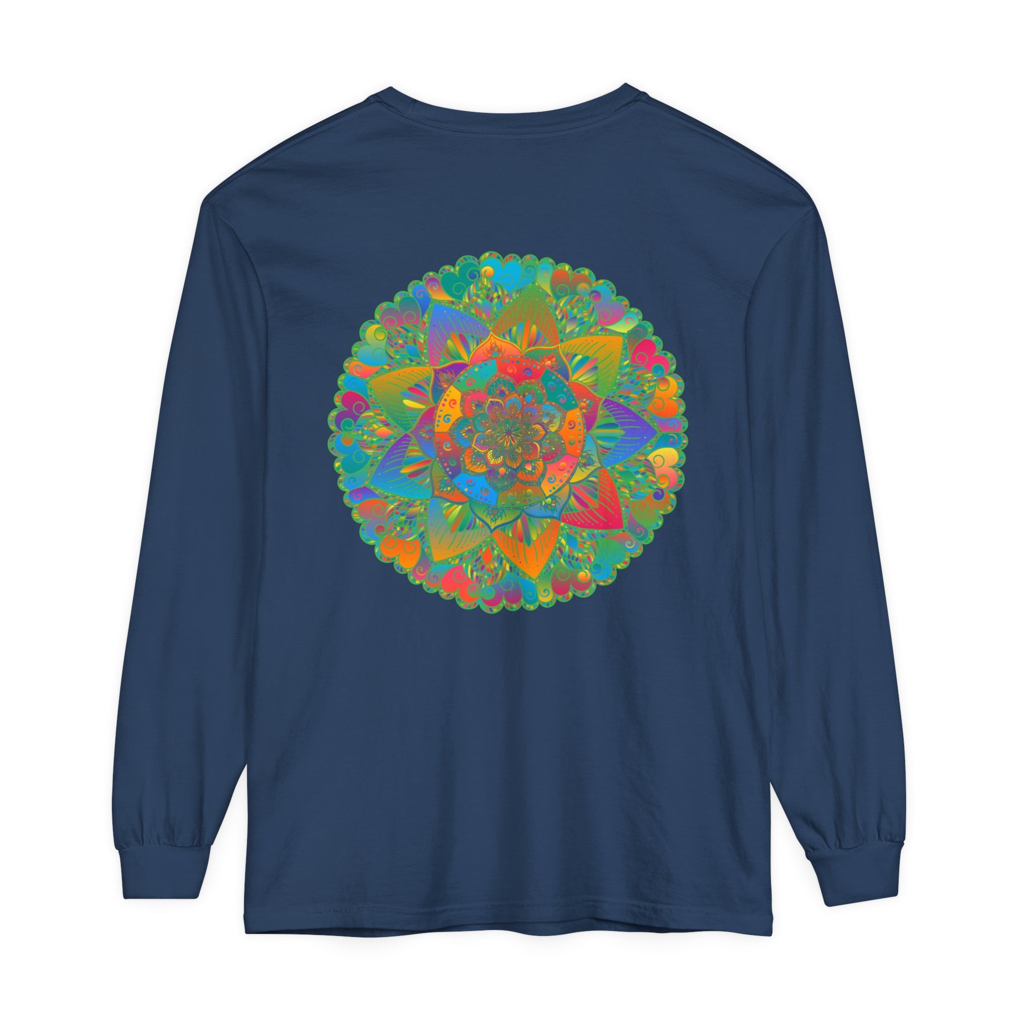 Colorful mandala design on a unisex long sleeve t-shirt for men and women