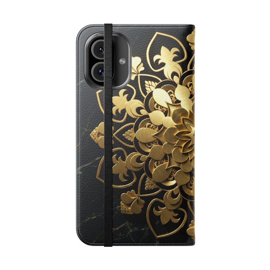 Goldene Mandala-Klapphülle – Luxuriöses Blumen-Portemonnaie-Cover
