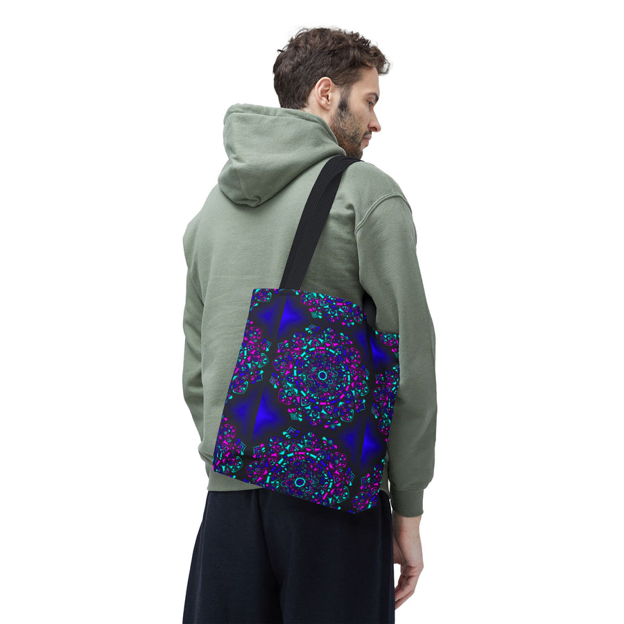 Kaleidoscope Mandala Tote Bag — Vibrant Neon Floral Pattern