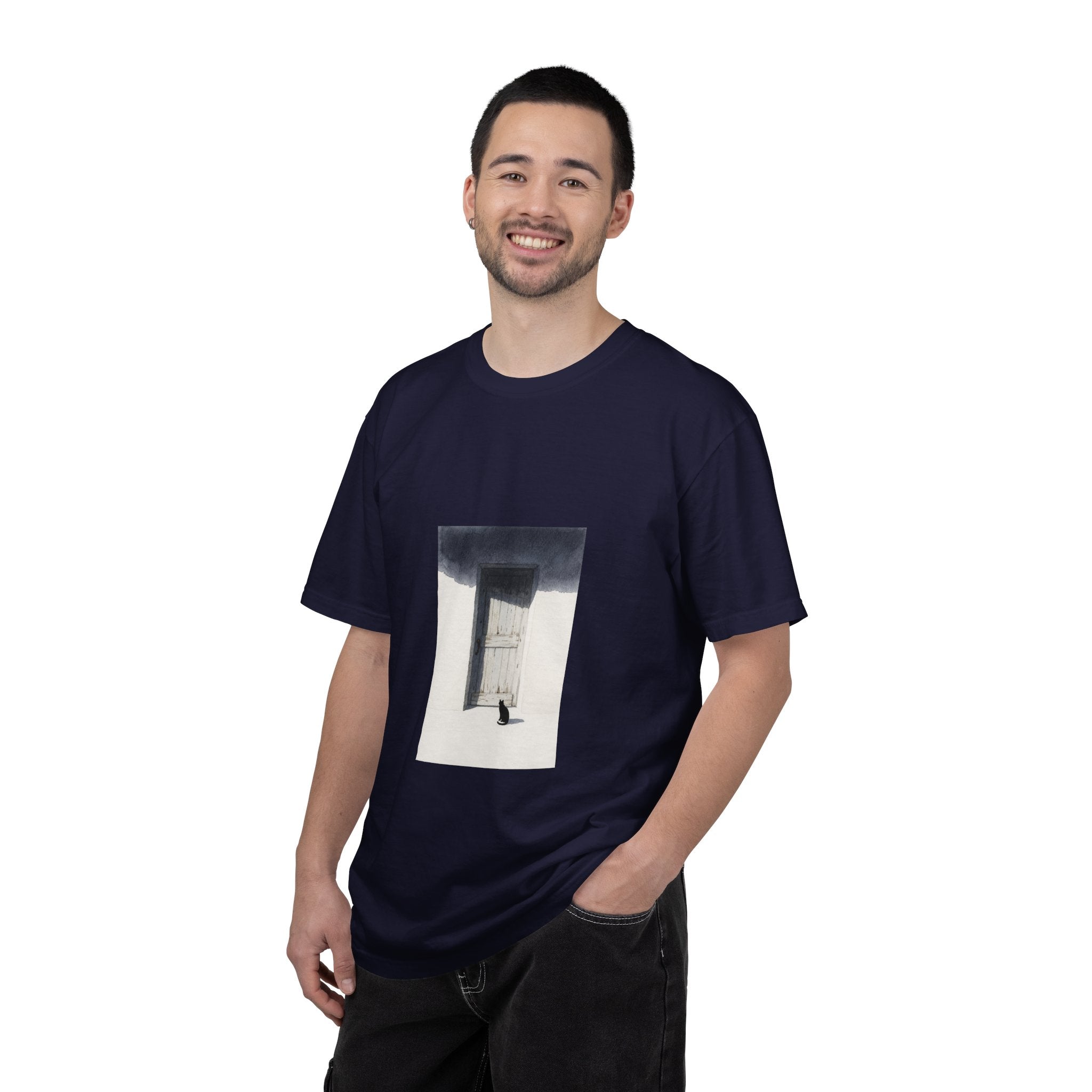 T-Shirt — Minimal Art Cat at Door Graphic Tee