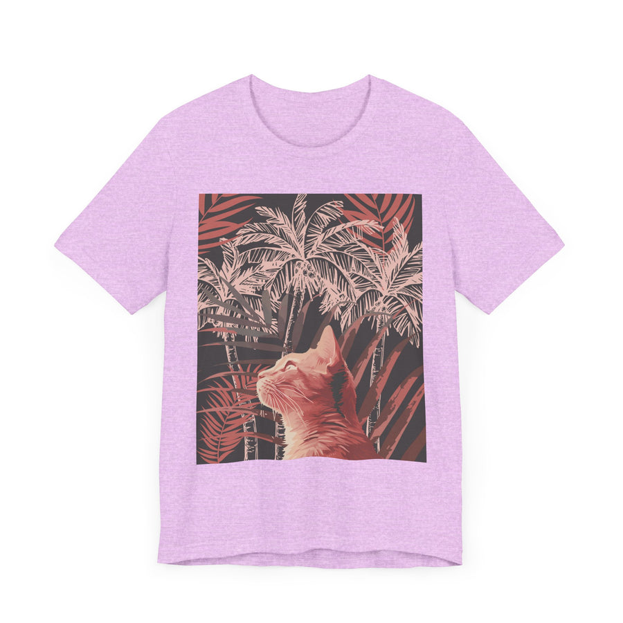 White short-sleeve T-shirt featuring a graphic print of a ginger cat lounging under a palm tree on a sunny beach
