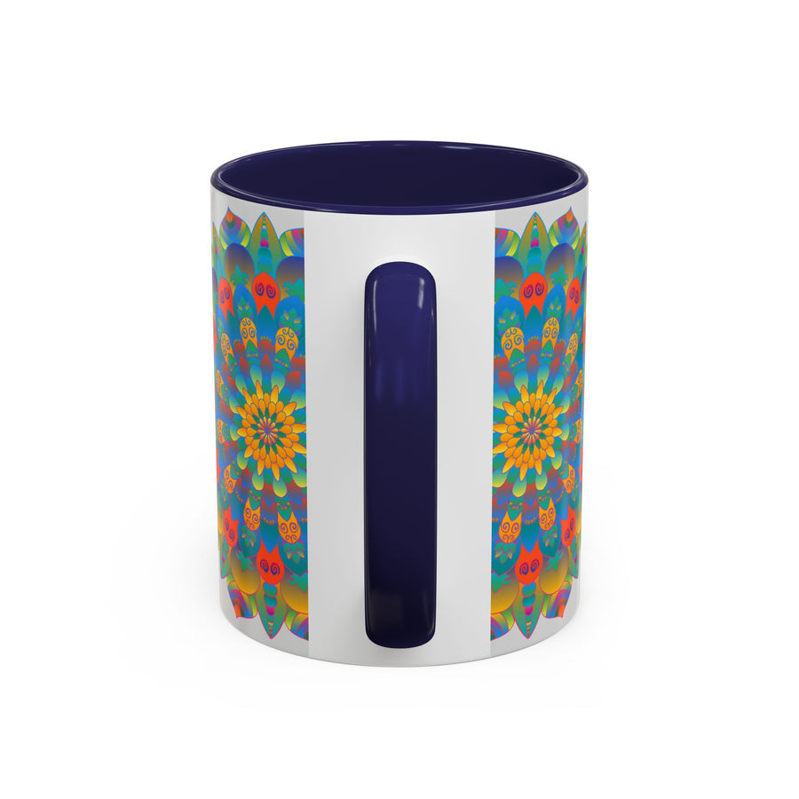 Vibrant yellow, orange, and blue mandala art mug, perfect for adding a pop of color to your morning coffee routine