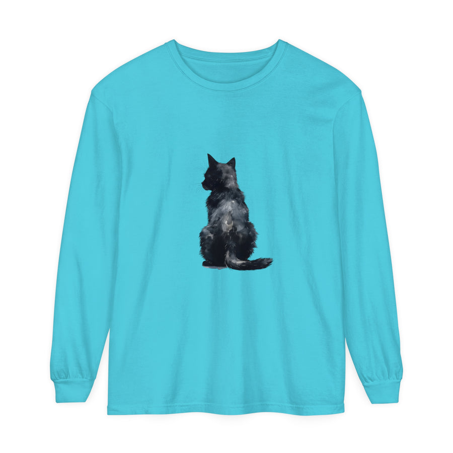 Black Cat Watercolor Long Sleeve T-Shirt featuring a realistic watercolor design of a black cat on a high-quality, comfortable long-sleeve shirt