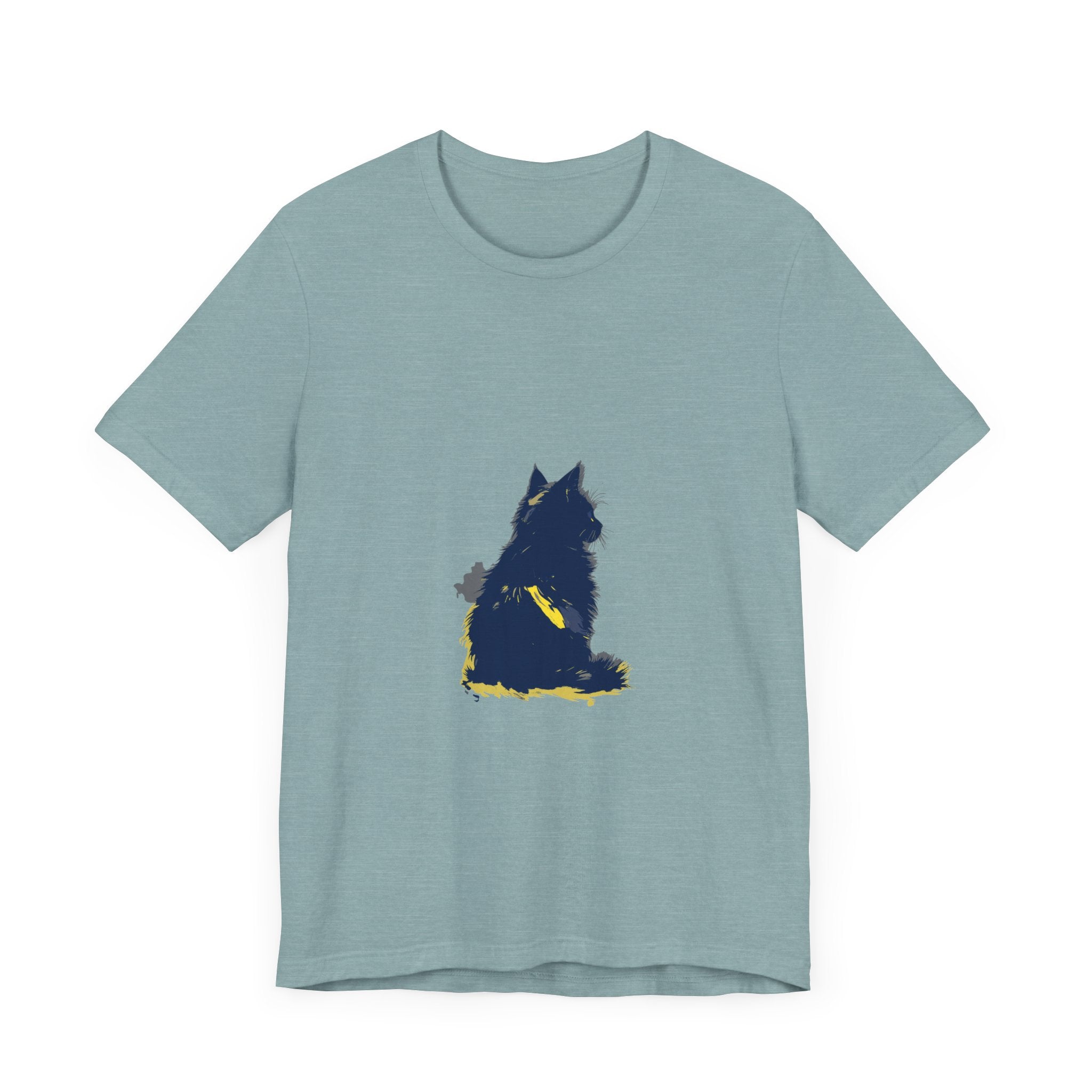 A stylish and trendy blue t-shirt featuring a mysterious cat design