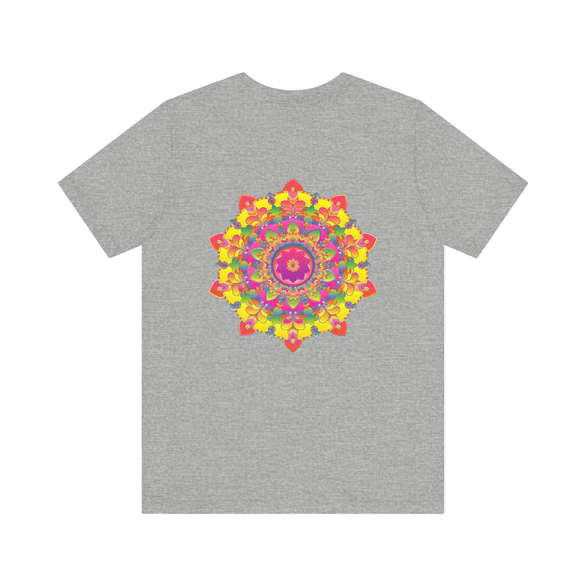 A colorful and intricate mandala design tee promoting spiritual peace and harmony