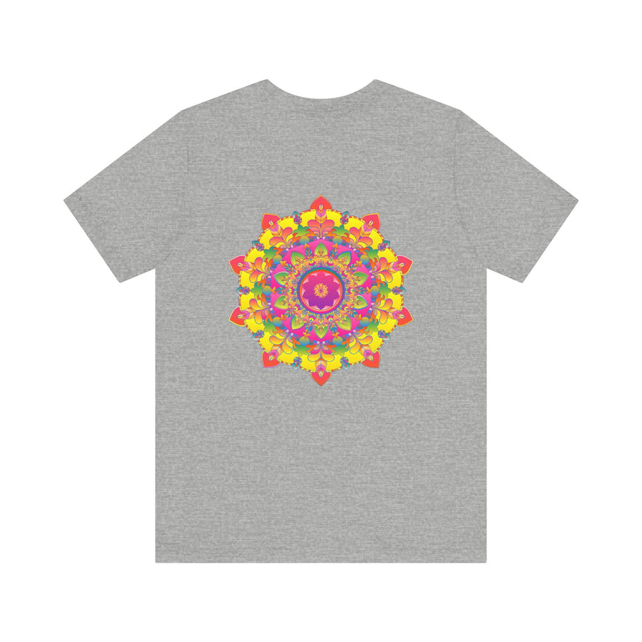 A colorful and intricate mandala design tee promoting spiritual peace and harmony