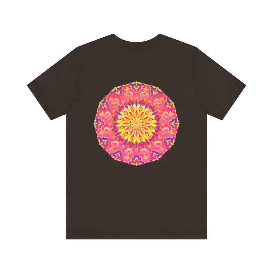 Beautiful pink and yellow mandala t-shirt featuring intricate design symbolizing peace and harmony, perfect for adding a pop of color to your wardrobe