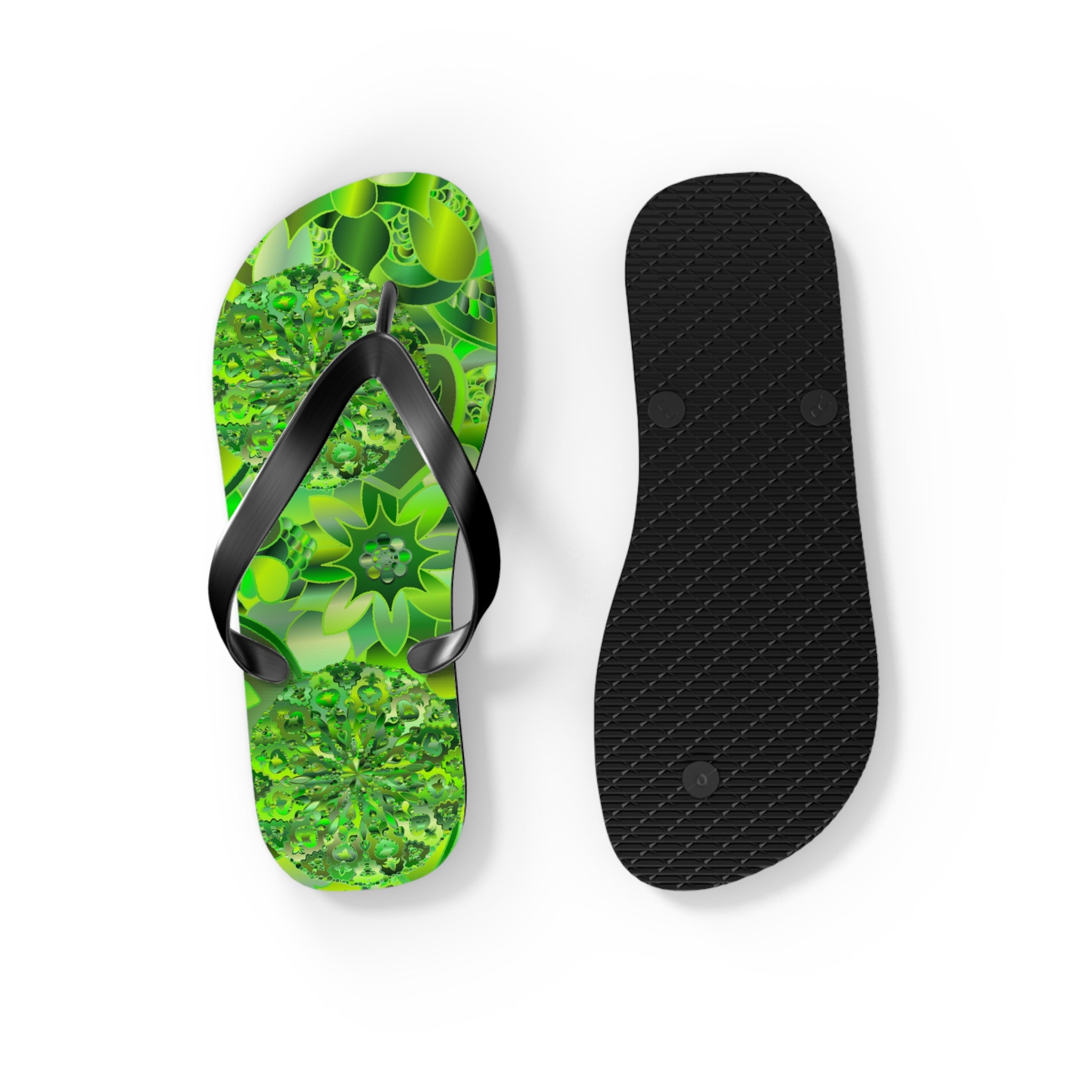 Green Kaleidoscope Flip Flops – Tropical Floral Beach Sandals