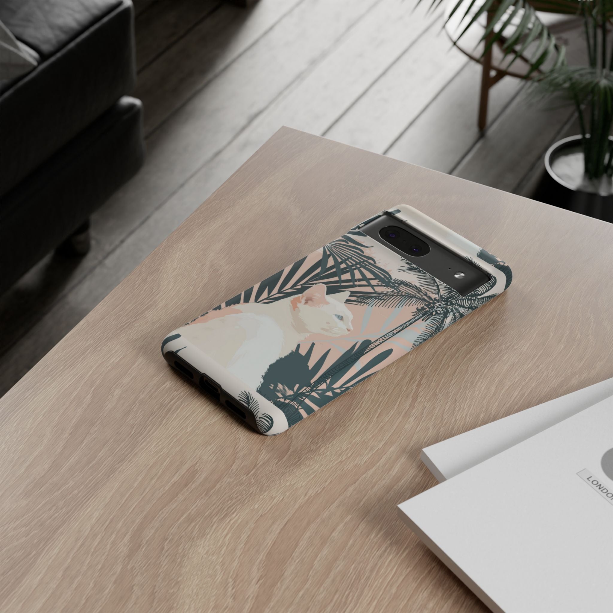 Tropical Cat Phone Case with Lush Palm Motifs and Soft Pastels