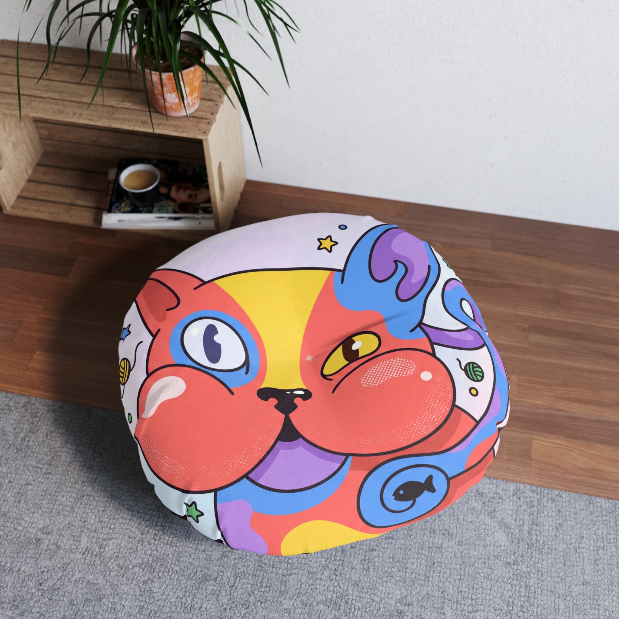 Cuscino da pavimento rotondo a forma di gatto carino e surreale — Cuscino giocoso e accogliente