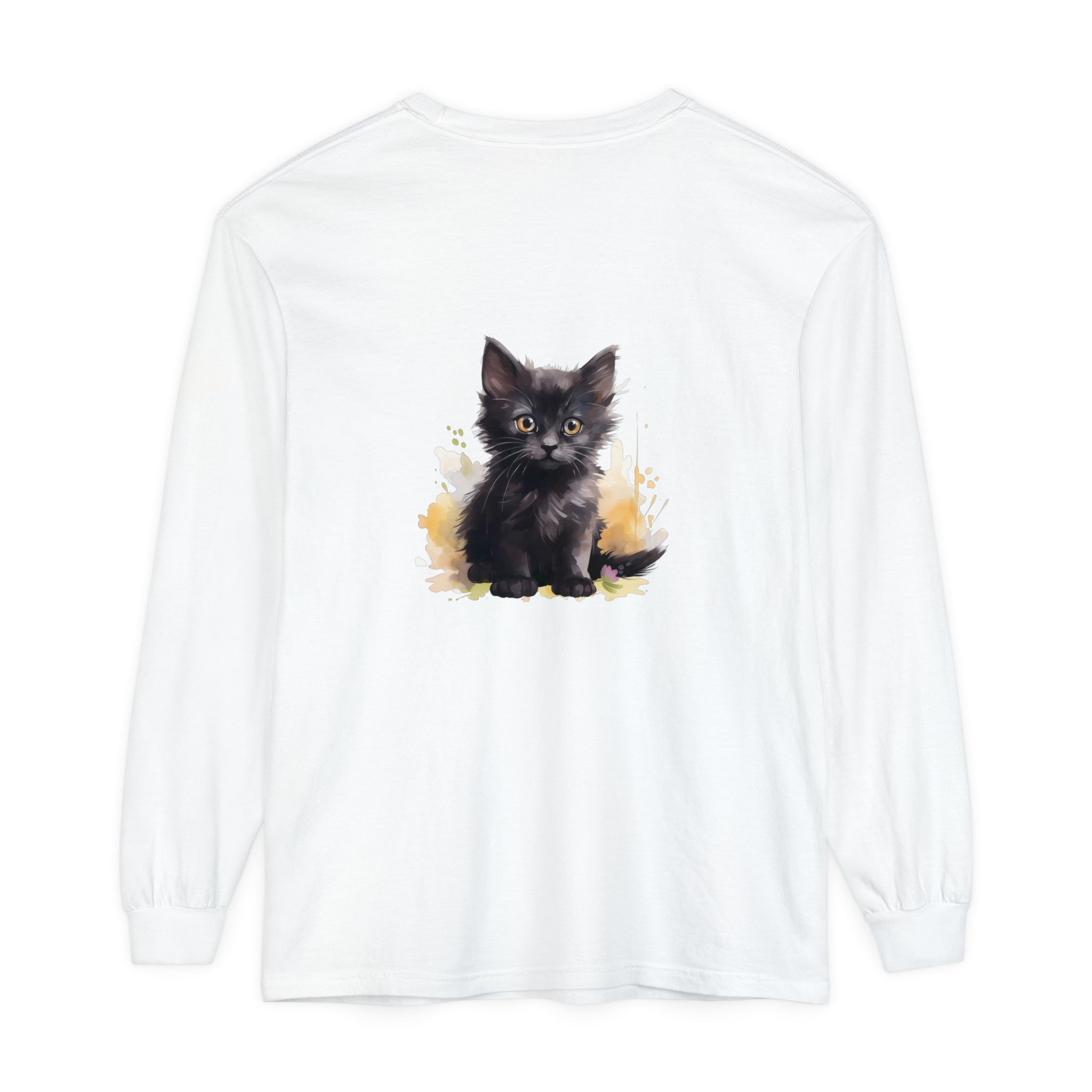 Black t-shirt featuring a watercolor splash design of a playful kitten