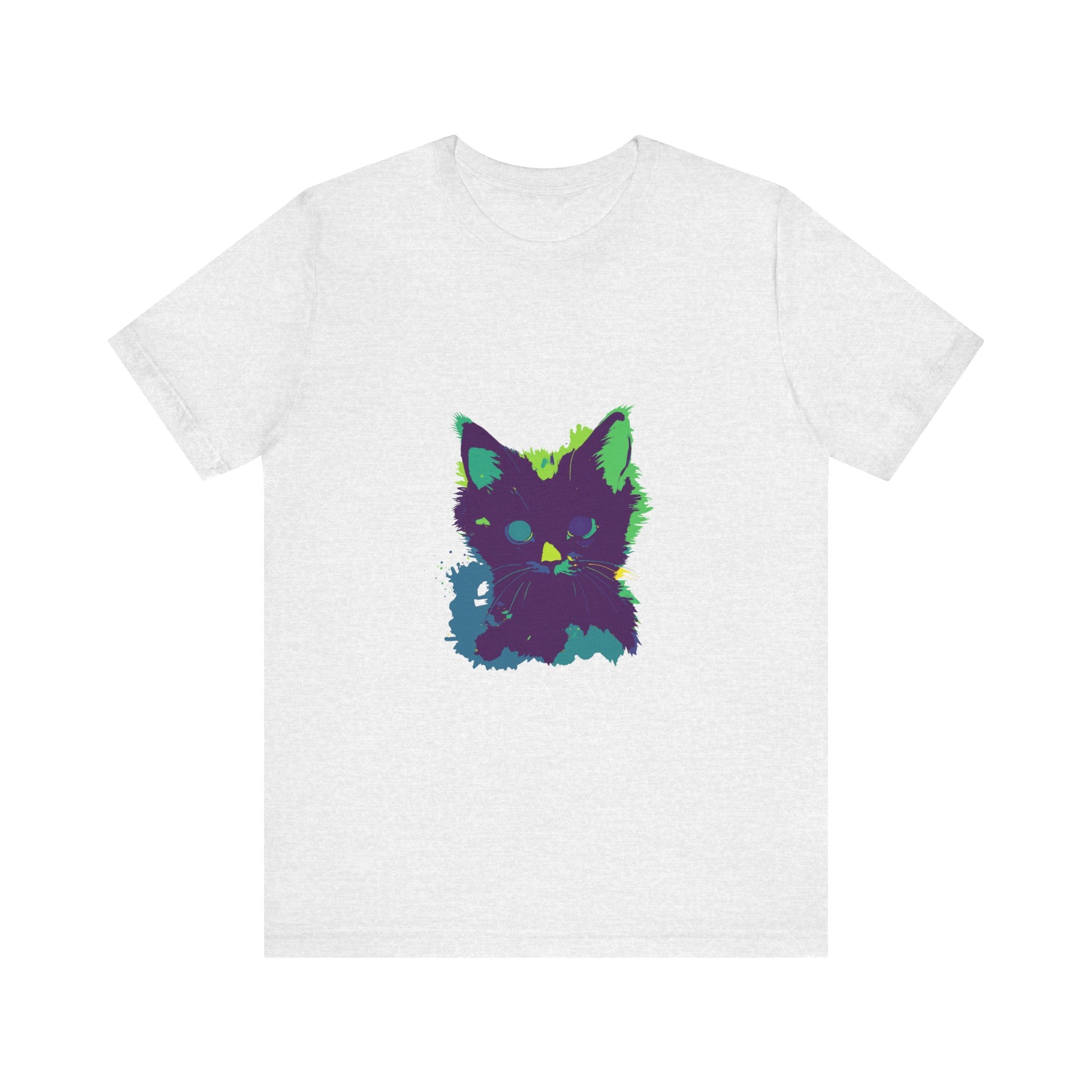 Neon Black Cat Mystery T-Shirt with glowing neon colors and mysterious black cat design