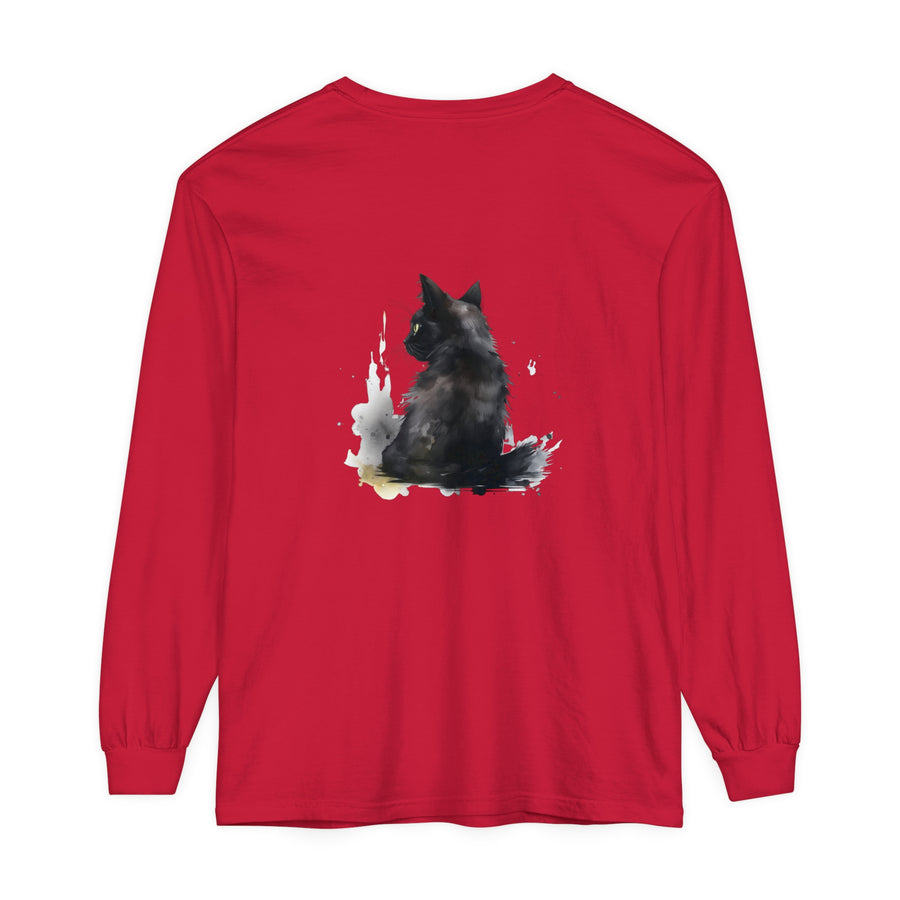 Black Cat Watercolor Dream - Long Sleeve T-Shirt with vibrant and colorful watercolor design featuring a black cat on a comfortable and stylish long sleeve shirt