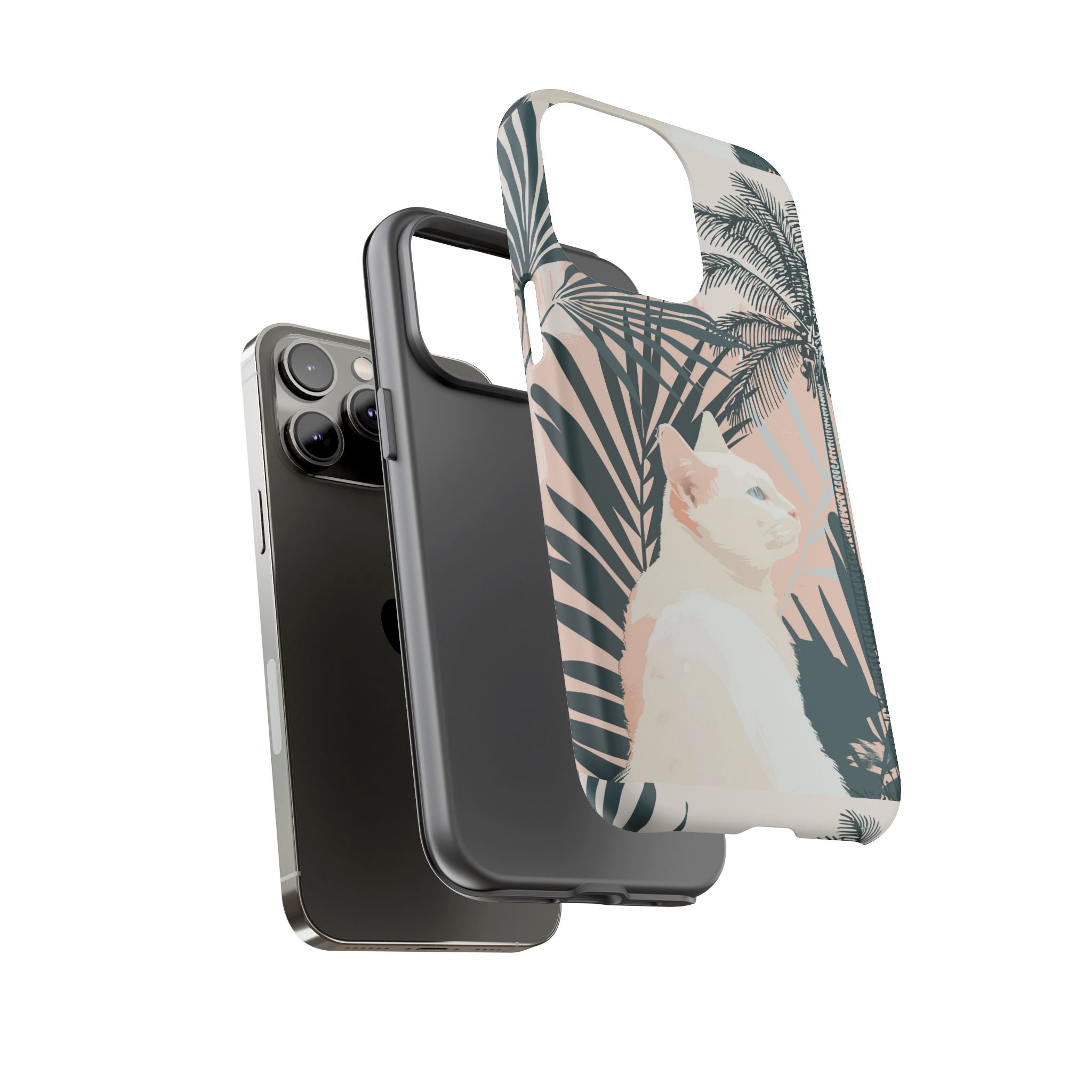 Tropical Cat Phone Case with Lush Palm Motifs and Soft Pastels