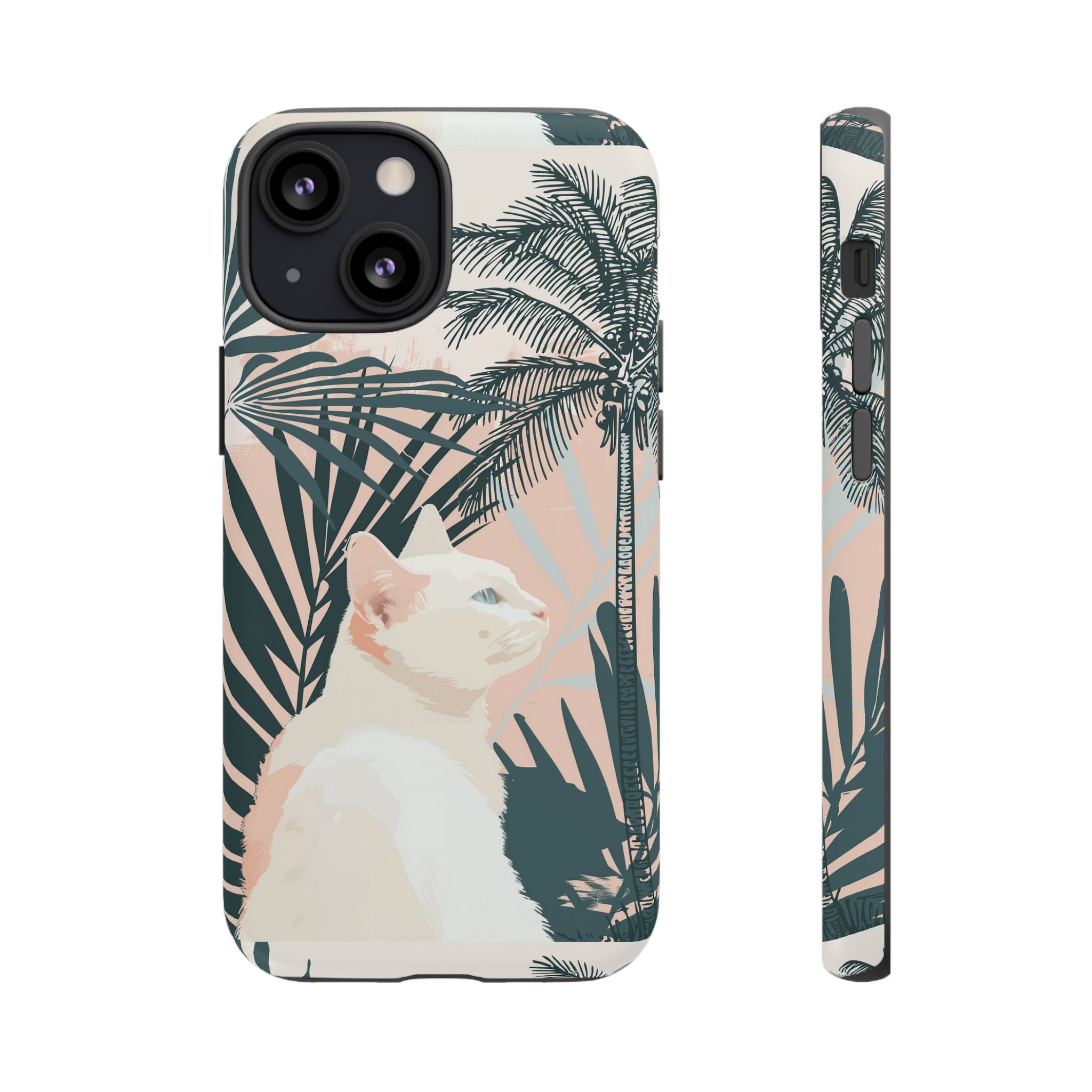 Tropical Cat Phone Case with Lush Palm Motifs and Soft Pastels