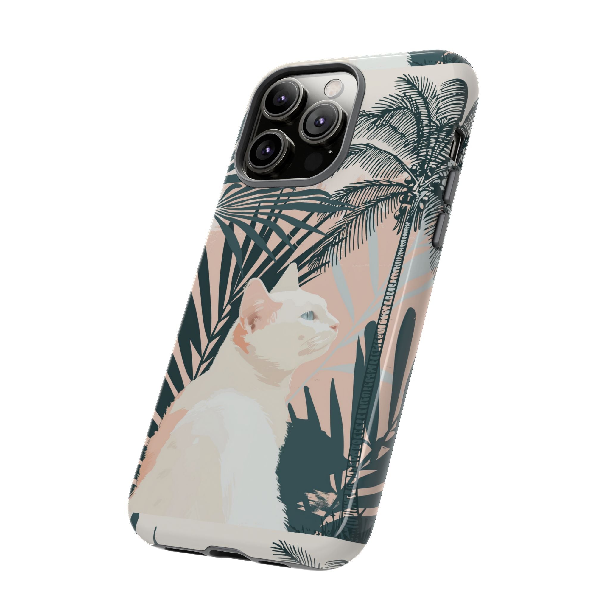 Tropical Cat Phone Case with Lush Palm Motifs and Soft Pastels