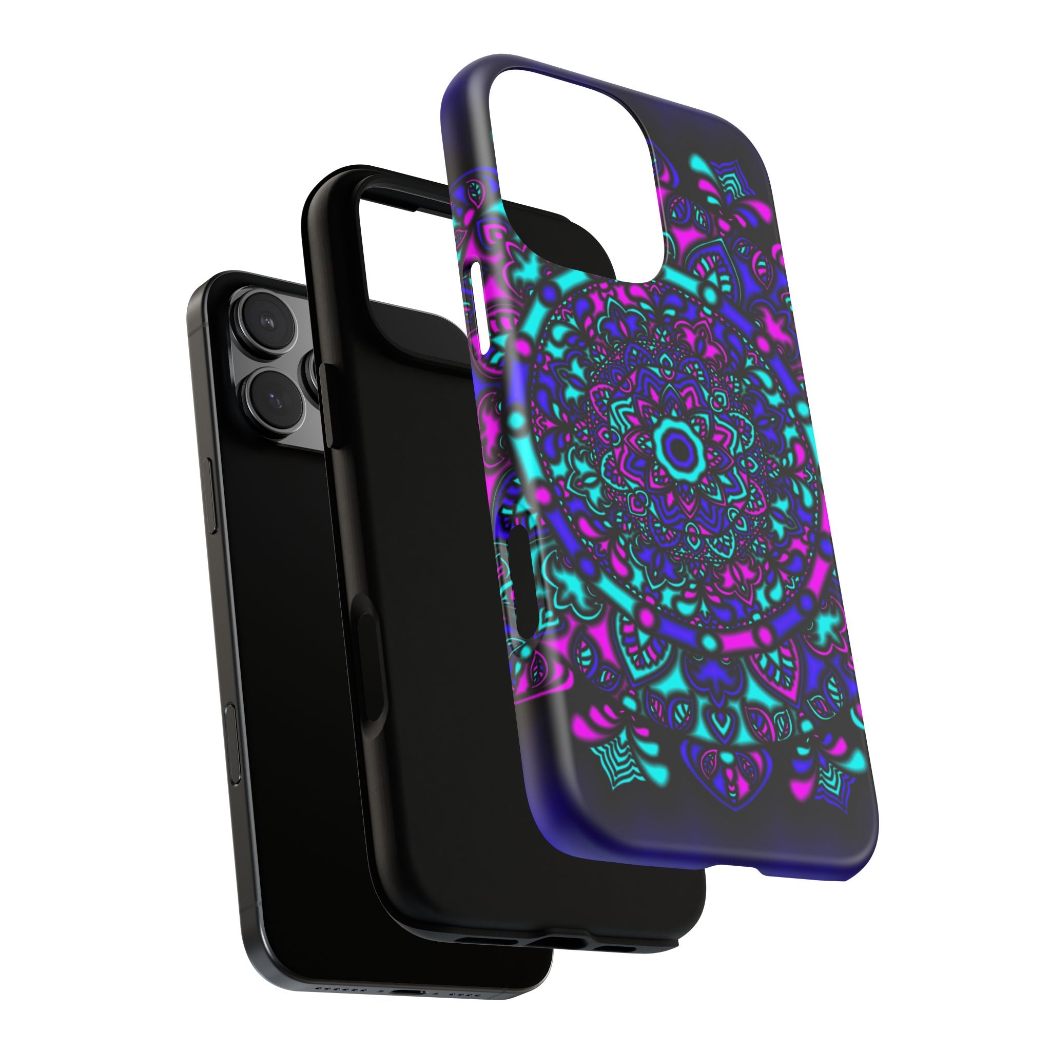 Cover protettiva resistente per telefono Mandala Neon — Viola e Verde acqua
