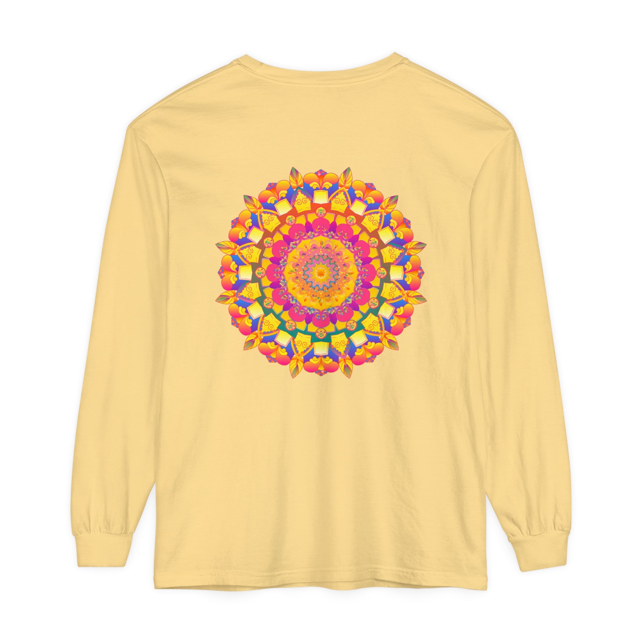 Vibrant and intricate colorful mandala design on a long sleeve T-shirt, inspired by psychedelic art