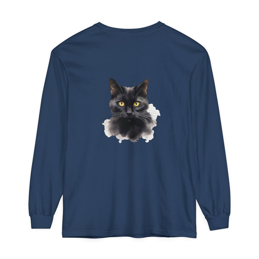 Long Sleeve T-Shirt with Detailed Black Cat Art