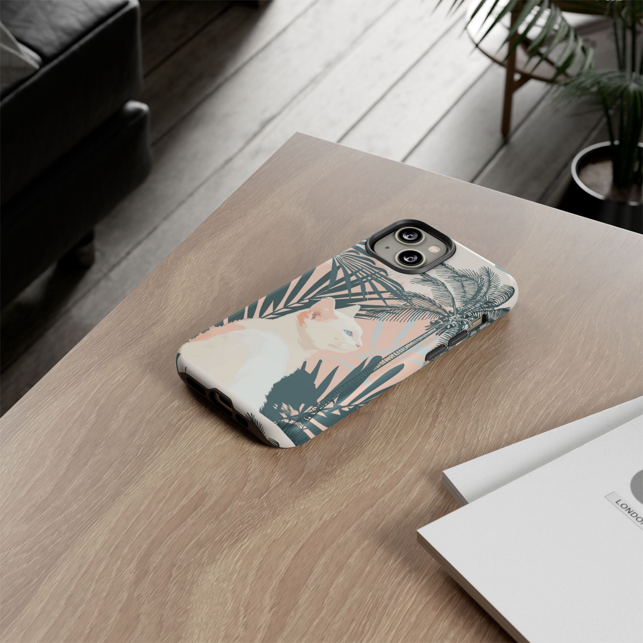 Tropical Cat Phone Case with Lush Palm Motifs and Soft Pastels