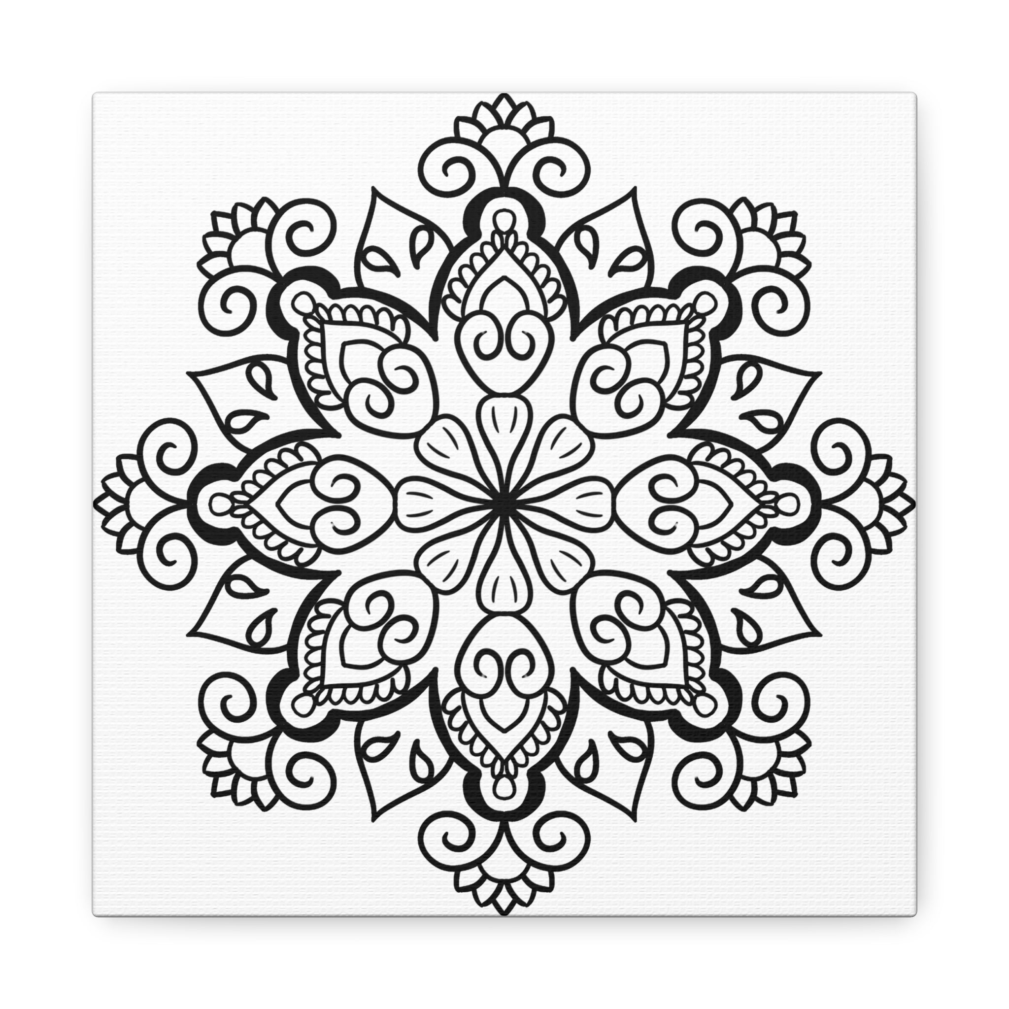Handmade mandala art in black and white on matte canvas, stretched to 125 inches, perfect for wall decor
