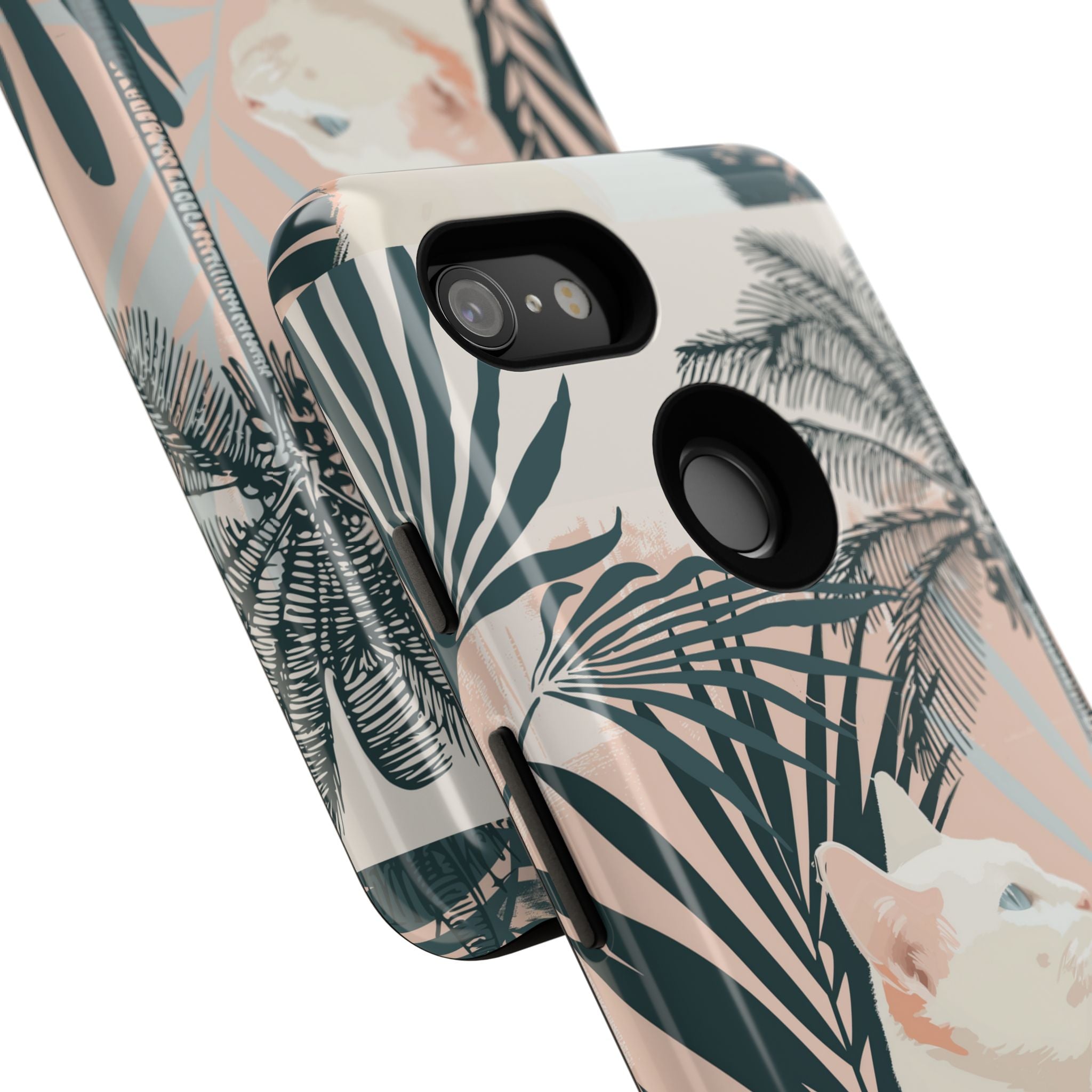 Tropical Cat Phone Case with Lush Palm Motifs and Soft Pastels