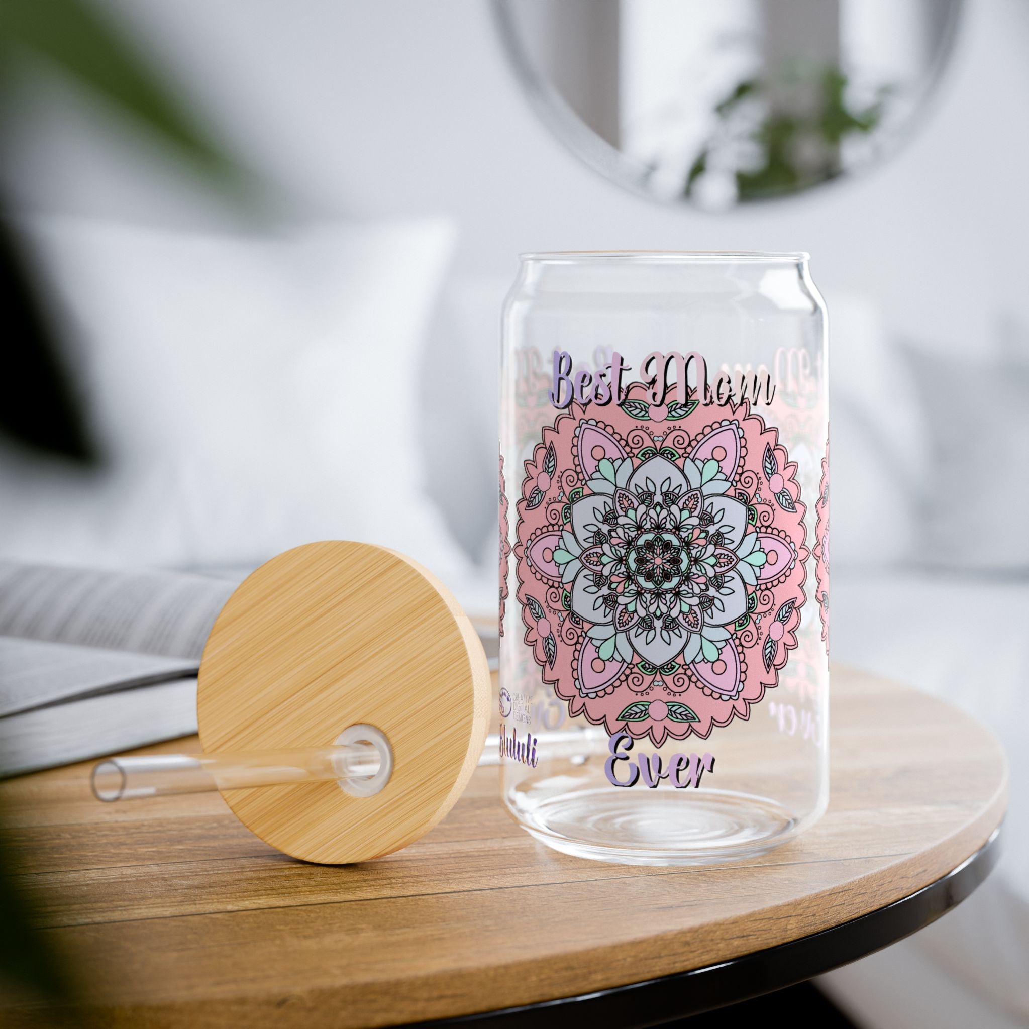 Mandala 'Best Mom Ever' 16oz Sipper Glass with Bamboo Lid