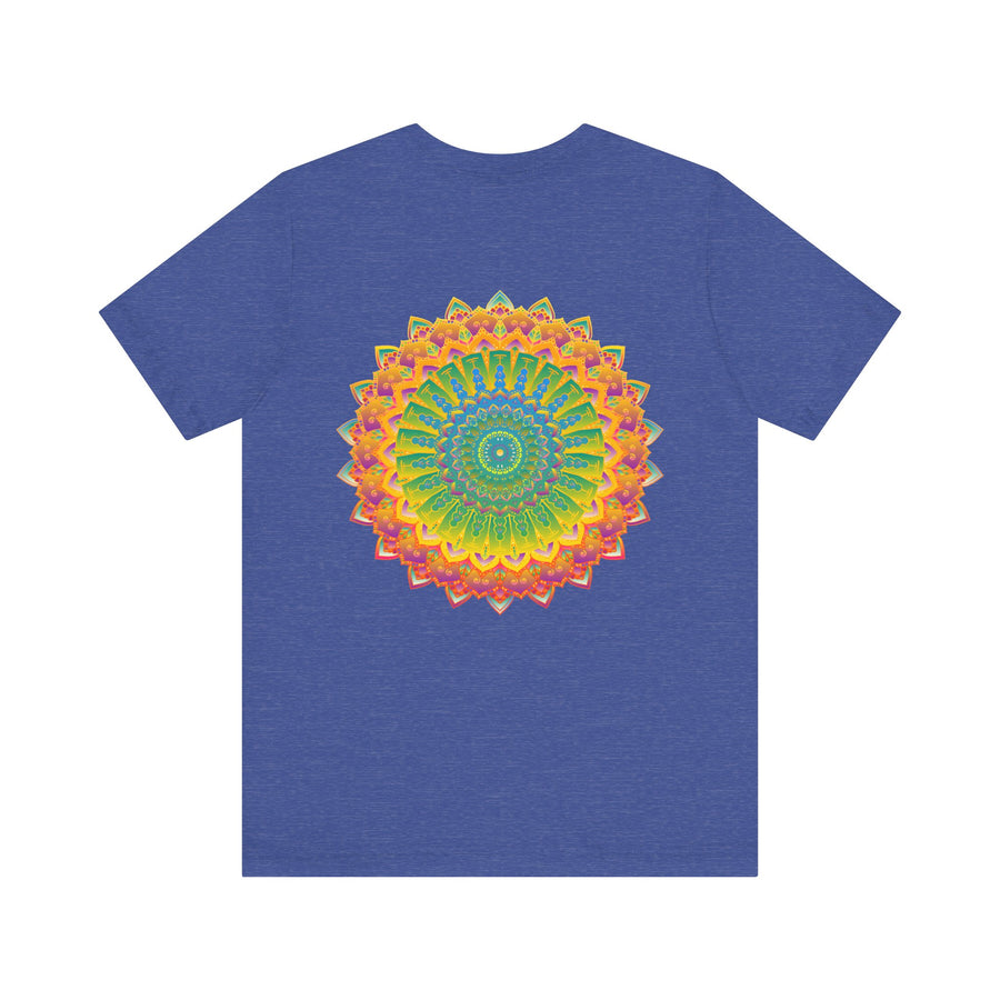 A colorful and intricate mandala design on a tee promoting spiritual peace and harmony