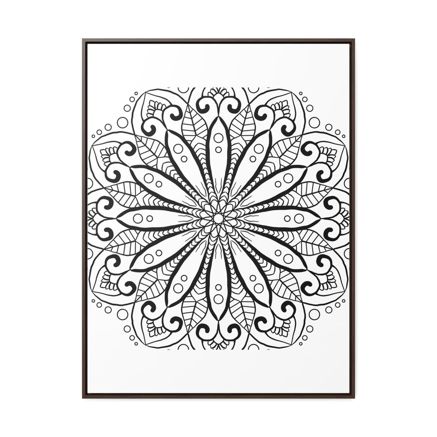 Handcrafted mandala art in black and white, displayed on gallery canvas wraps with a vertical frame for a stunning wall decor option