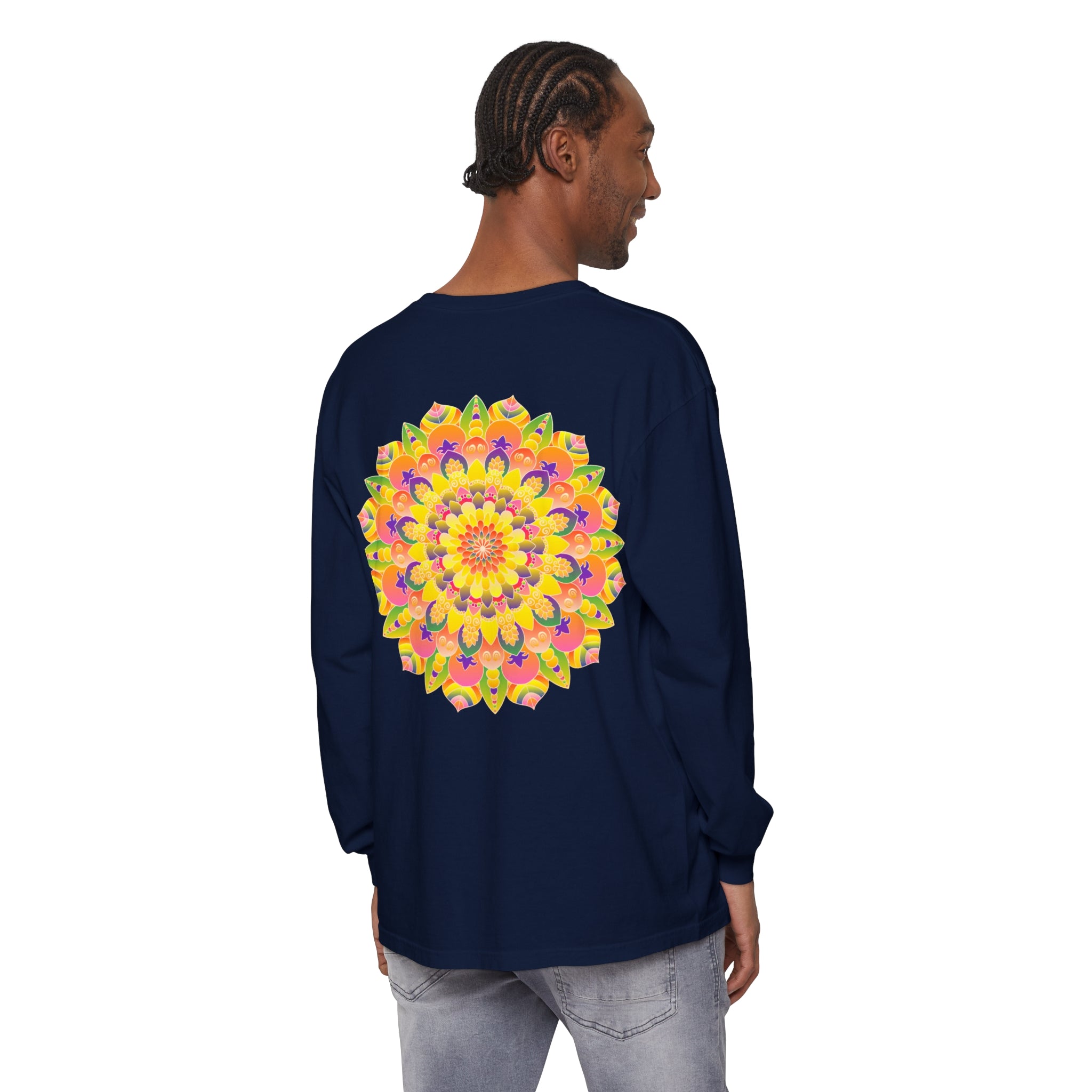 Vibrant Mandala Unisex Long Sleeve T-Shirt in colorful red and blue design