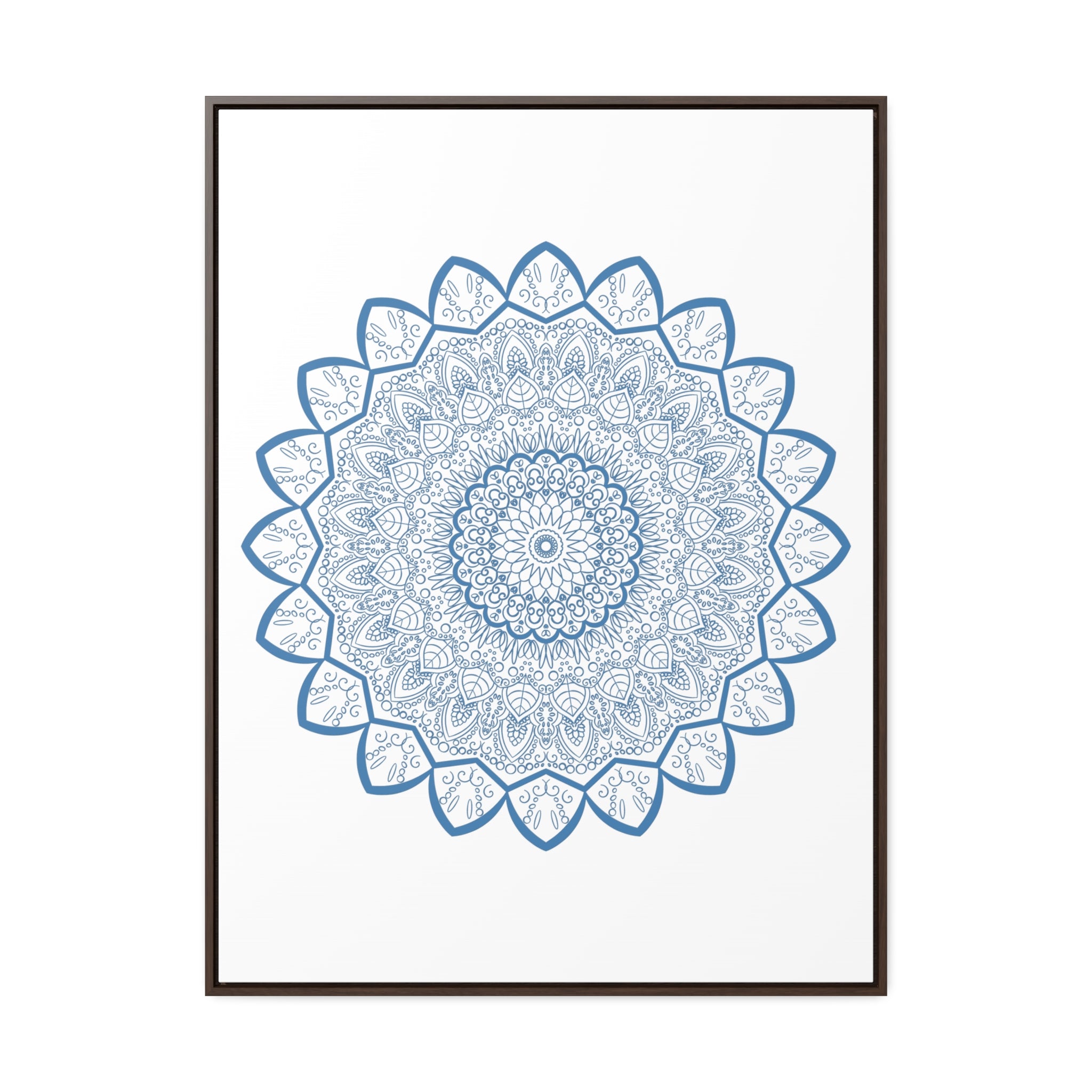 Beautiful handmade steel blue mandala design wall art on gallery canvas wraps, displayed in a vertical frame