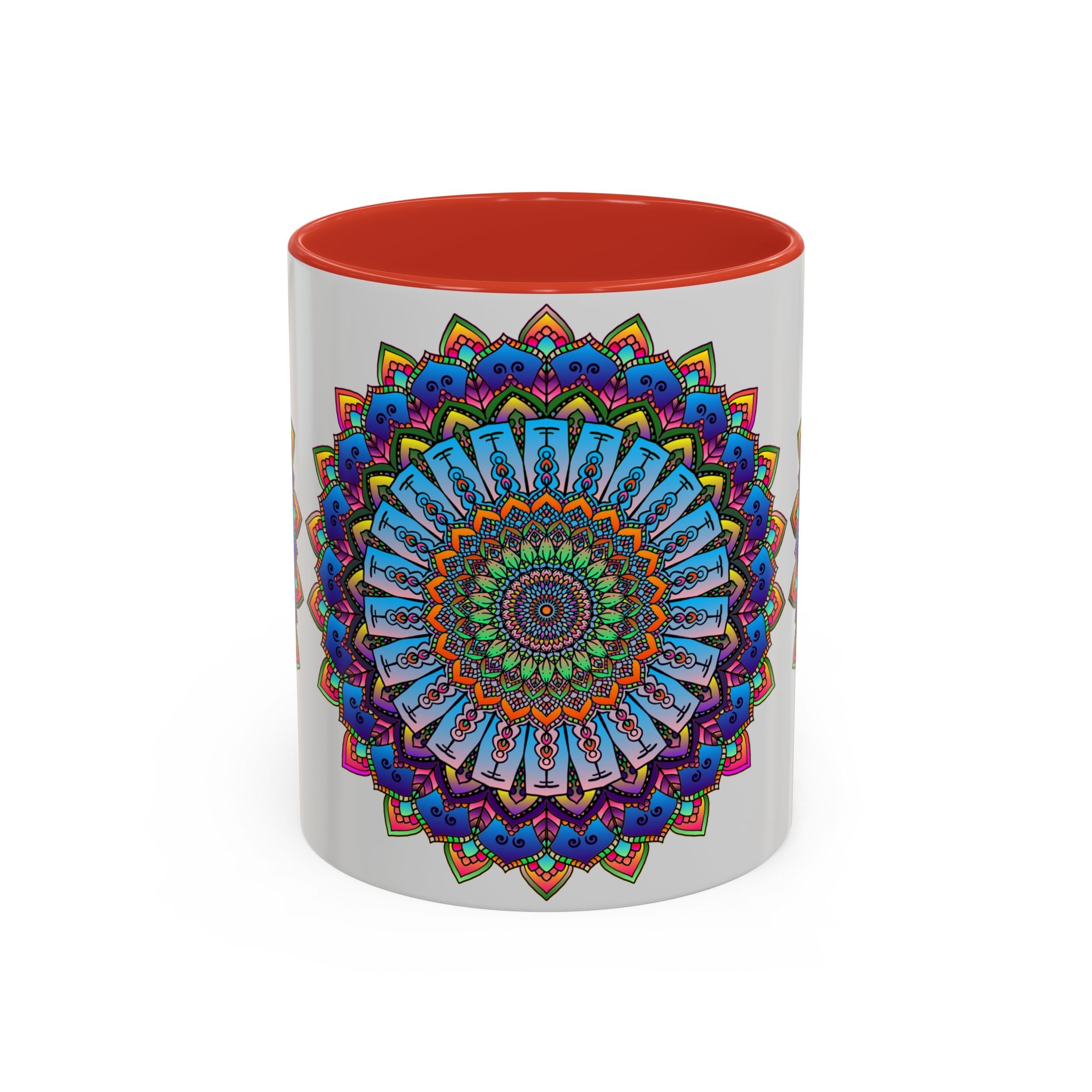 Vibrant mandala mug featuring colorful art on a grey background