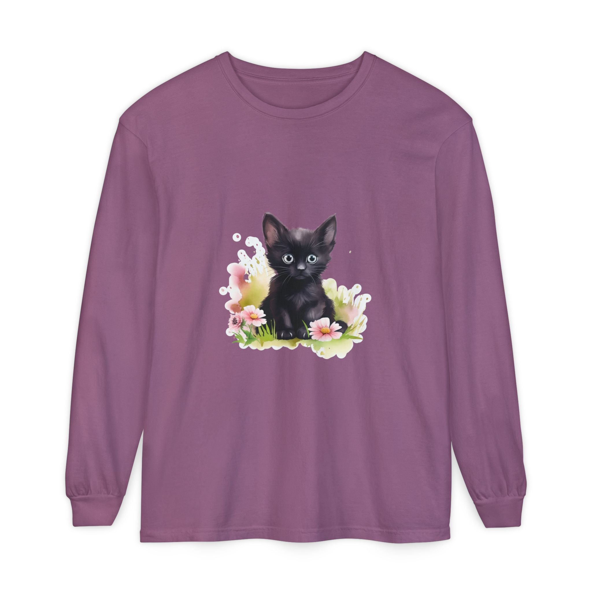 Langarmshirt | Schwarzes Kätzchen & rosa Blumen