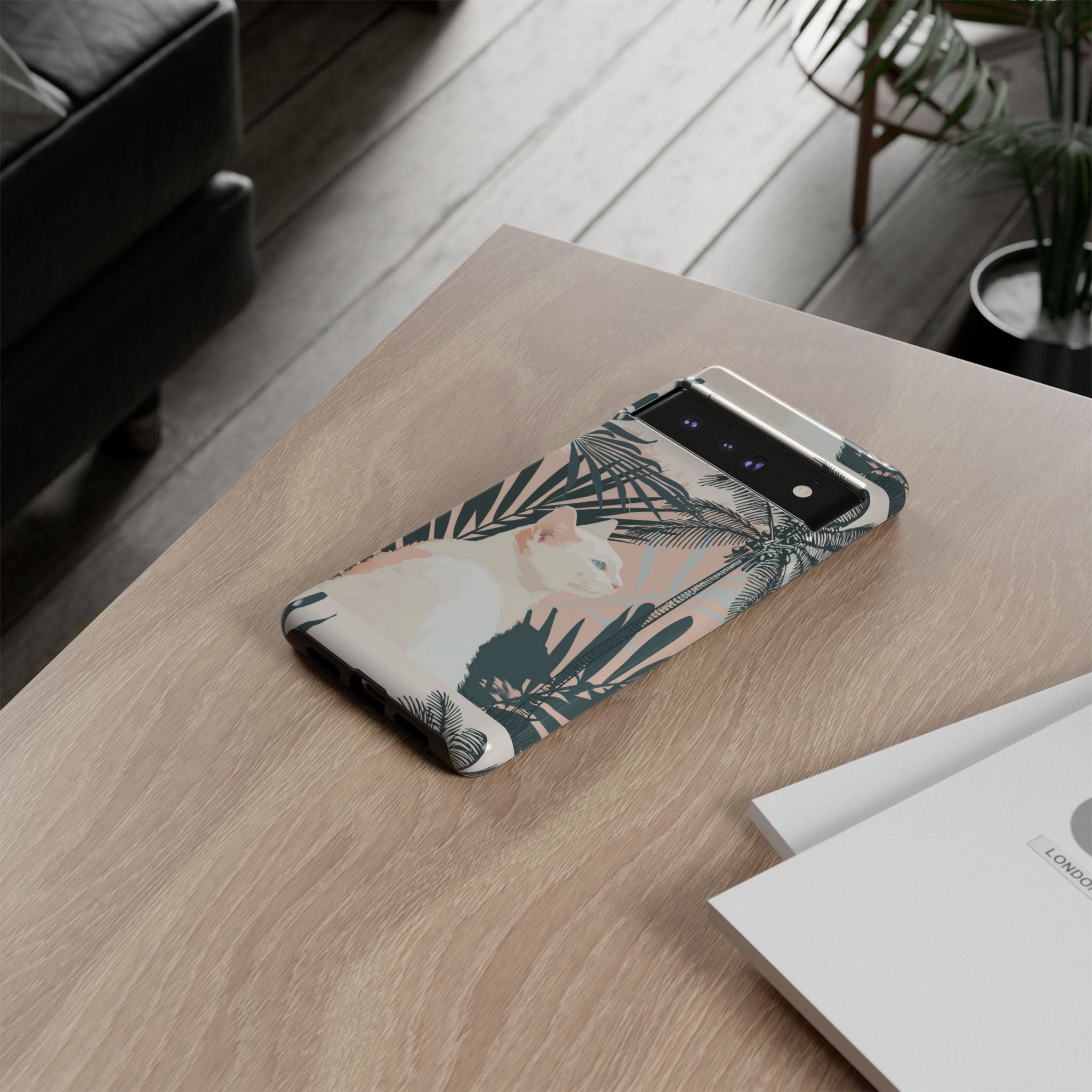 Tropical Cat Phone Case with Lush Palm Motifs and Soft Pastels