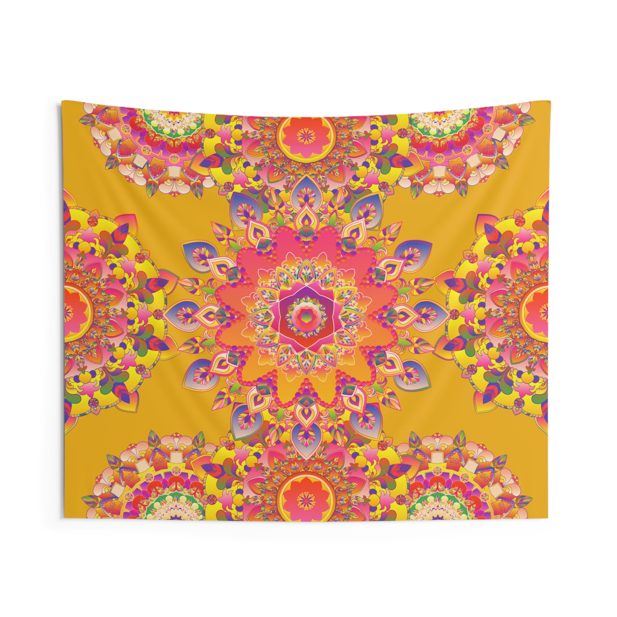 Boho Mandala Wall Tapestry – Vibrant Yellow Floral Meditation Decor