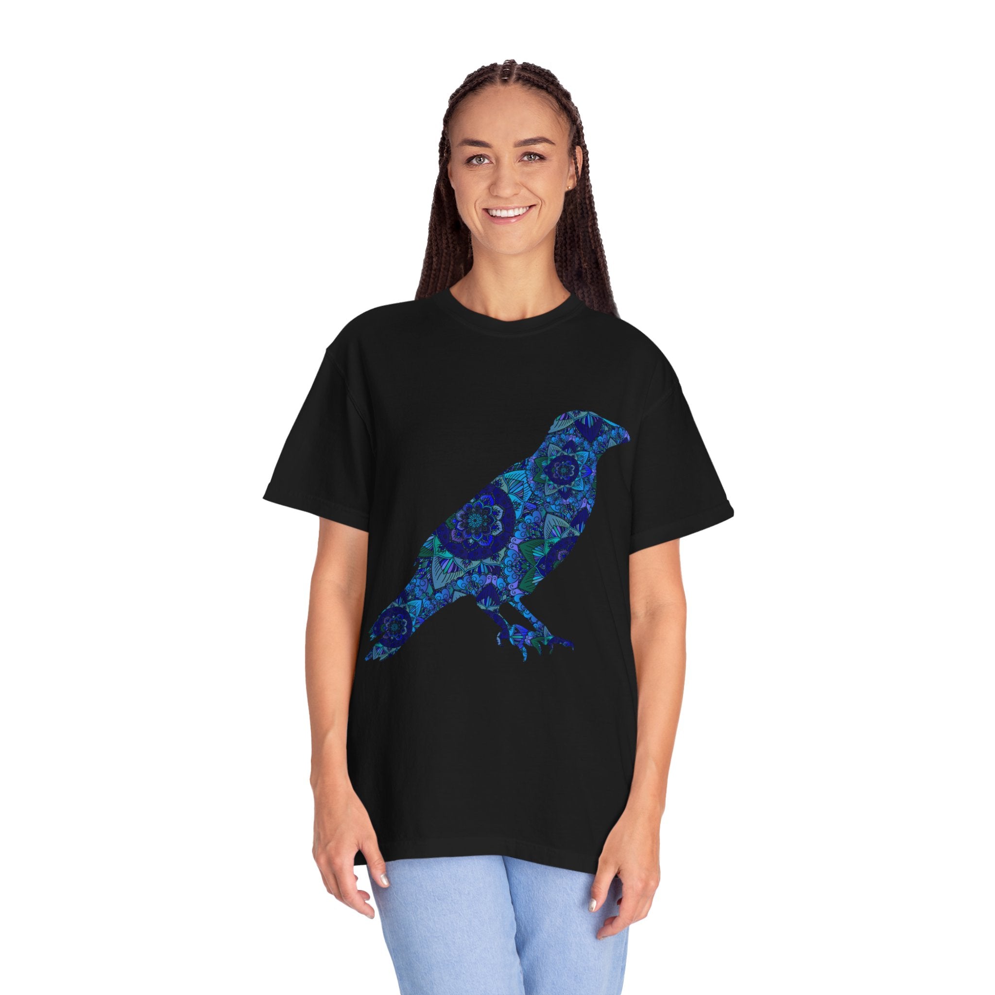 Maglietta con stampa corvo mandala blu — Maglietta grafica con corvo Inner Protection