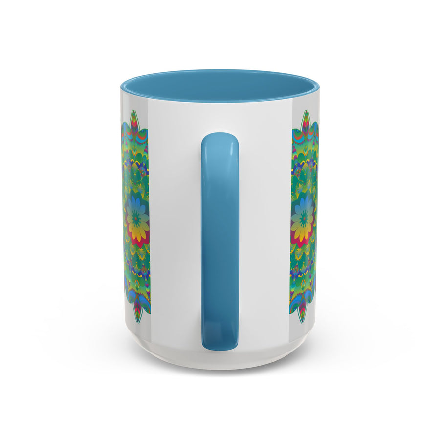 A colorful ceramic mug featuring a vibrant floral mandala design