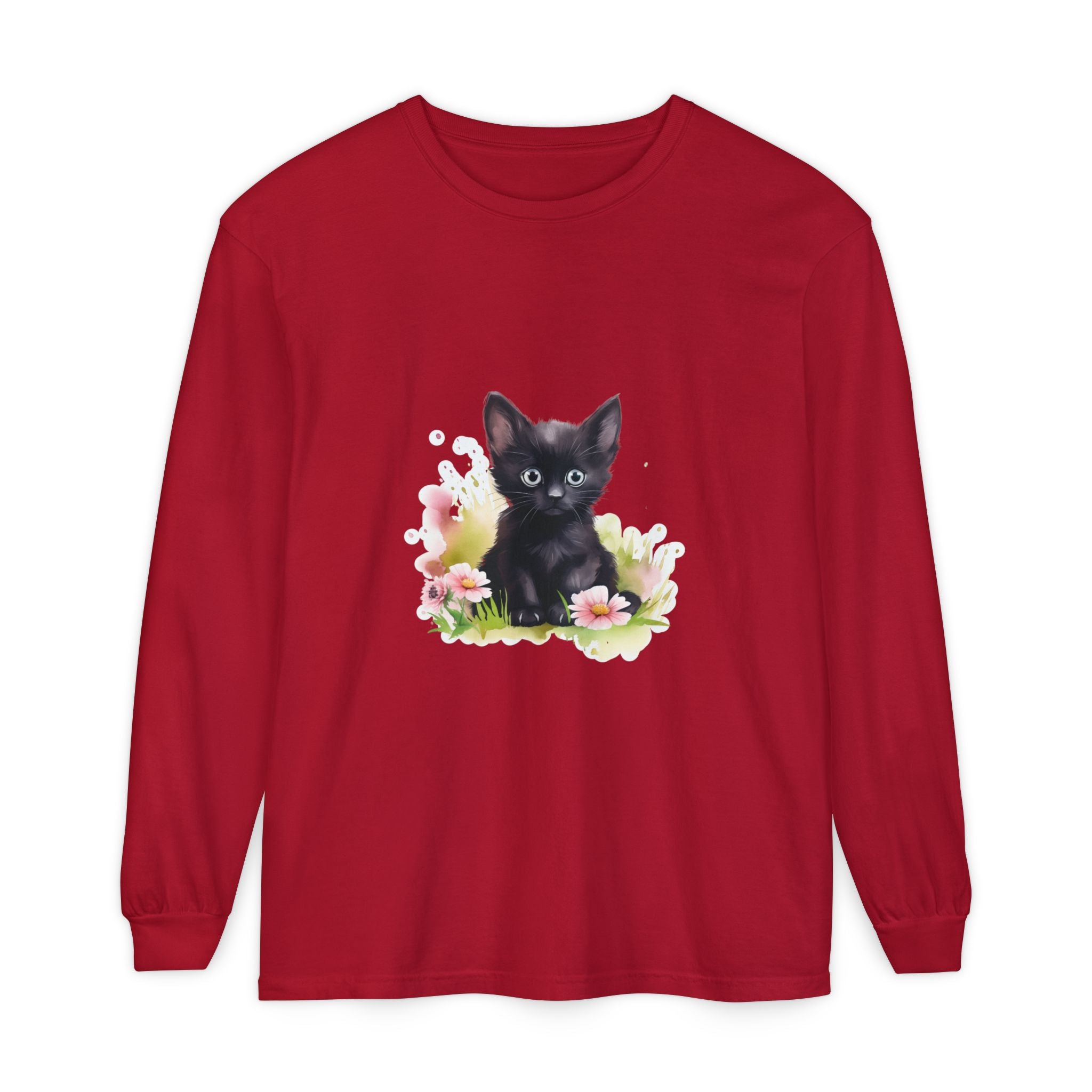 Langarmshirt | Schwarzes Kätzchen & rosa Blumen