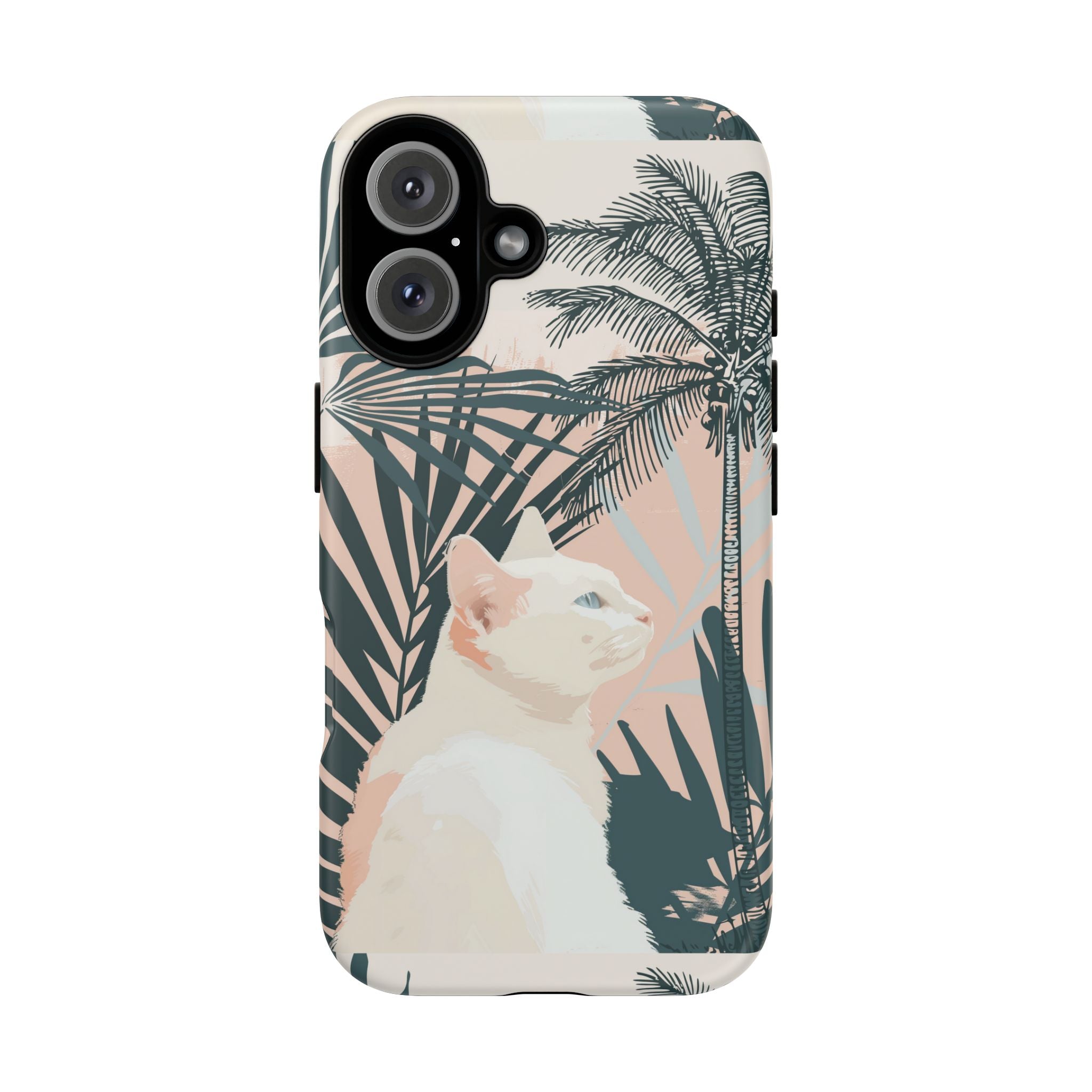 Tropical Cat Phone Case with Lush Palm Motifs and Soft Pastels