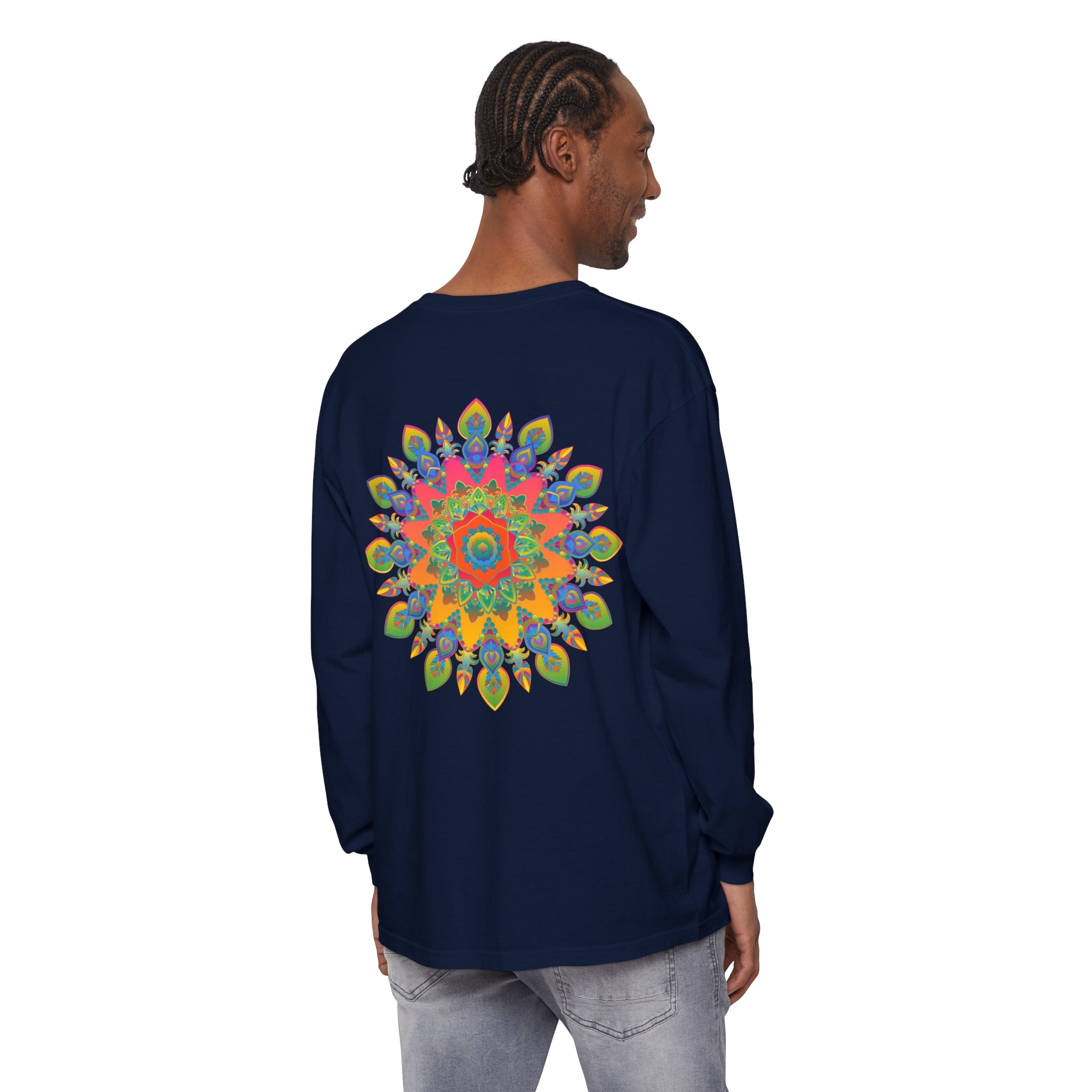 Vibrant Mandala Unisex Long Sleeve T-Shirt featuring intricate and colorful mandala design for all genders and sizes