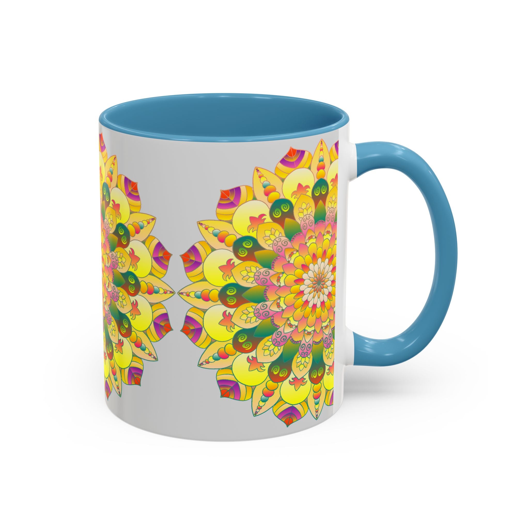Handcrafted ceramic cup featuring a lively and detailed mandala art