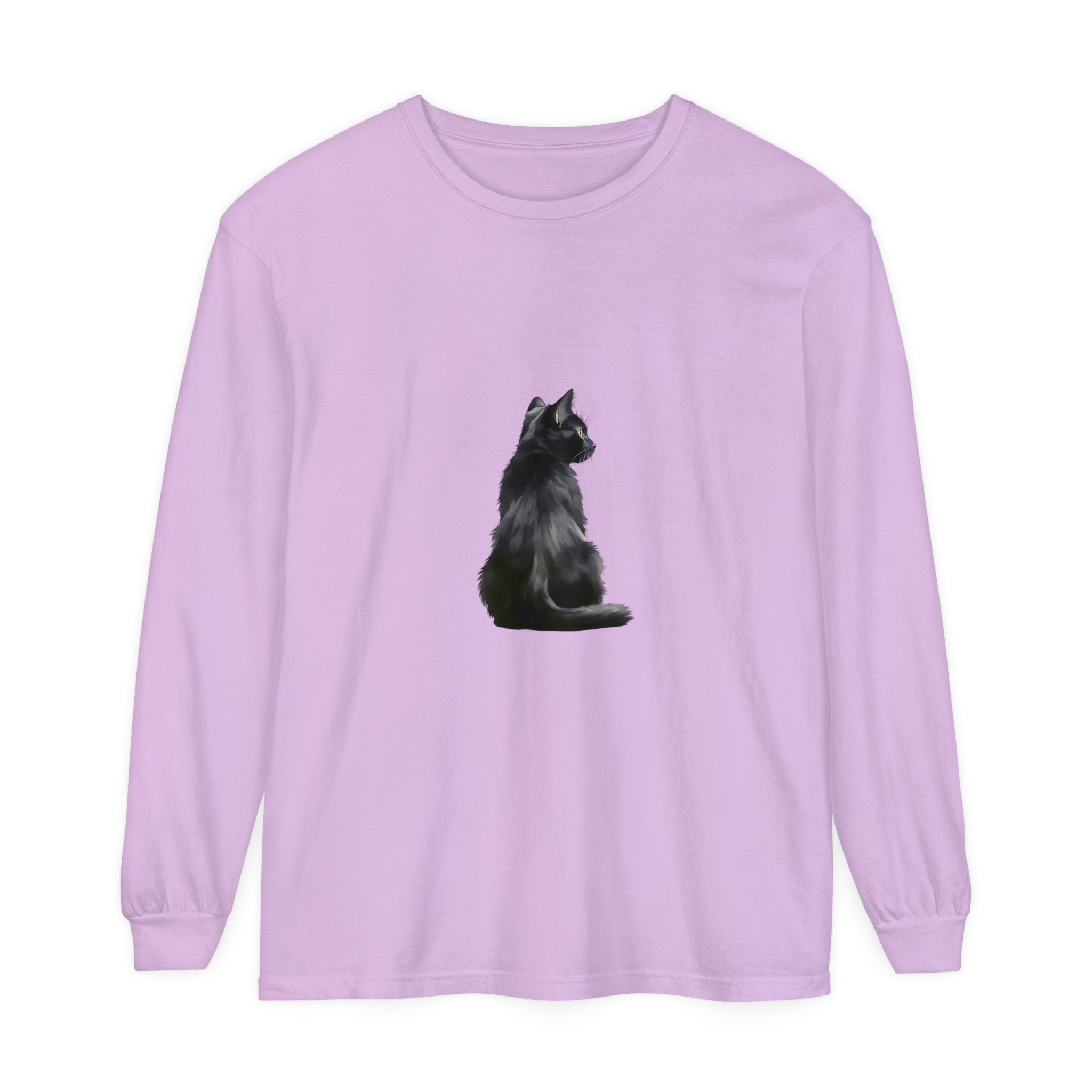 Black Cat Mystique Long Sleeve T-Shirt, a stylish and cozy top featuring a mesmerizing feline design