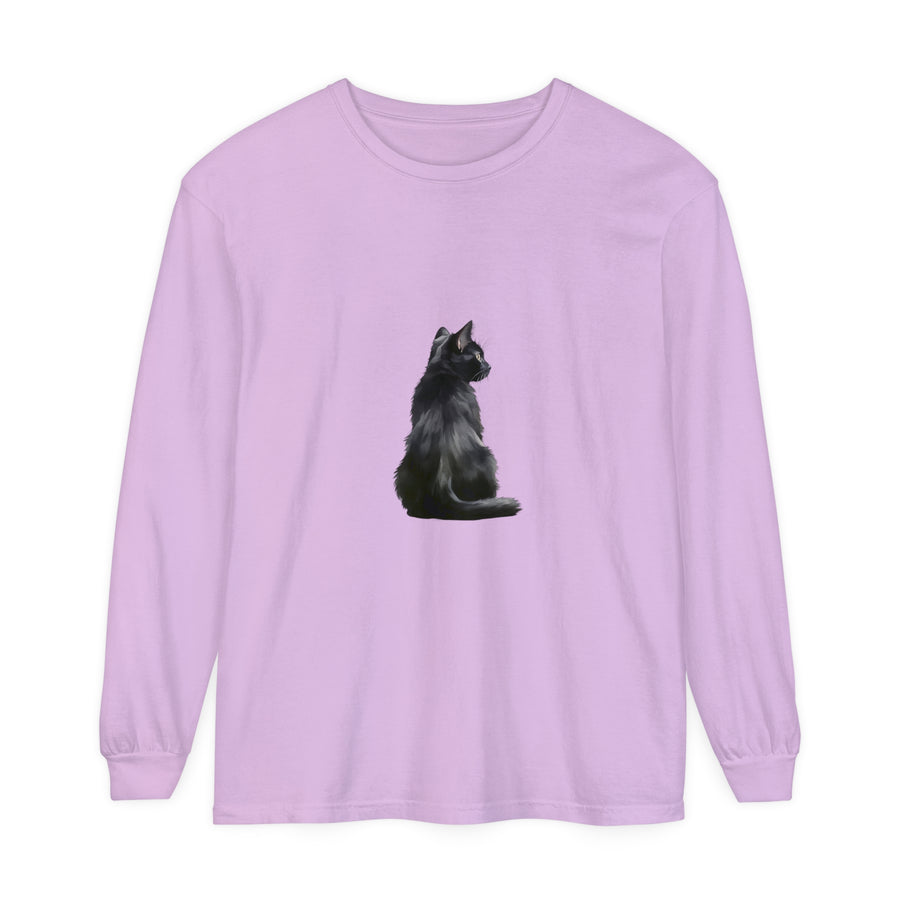Black Cat Mystique Long Sleeve T-Shirt, a stylish and cozy top featuring a mesmerizing feline design