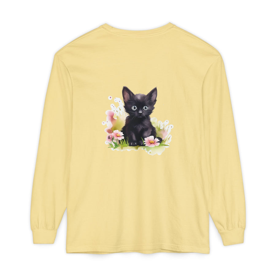 Full Sleeve Tee | Black Kitten & Pink Flowers