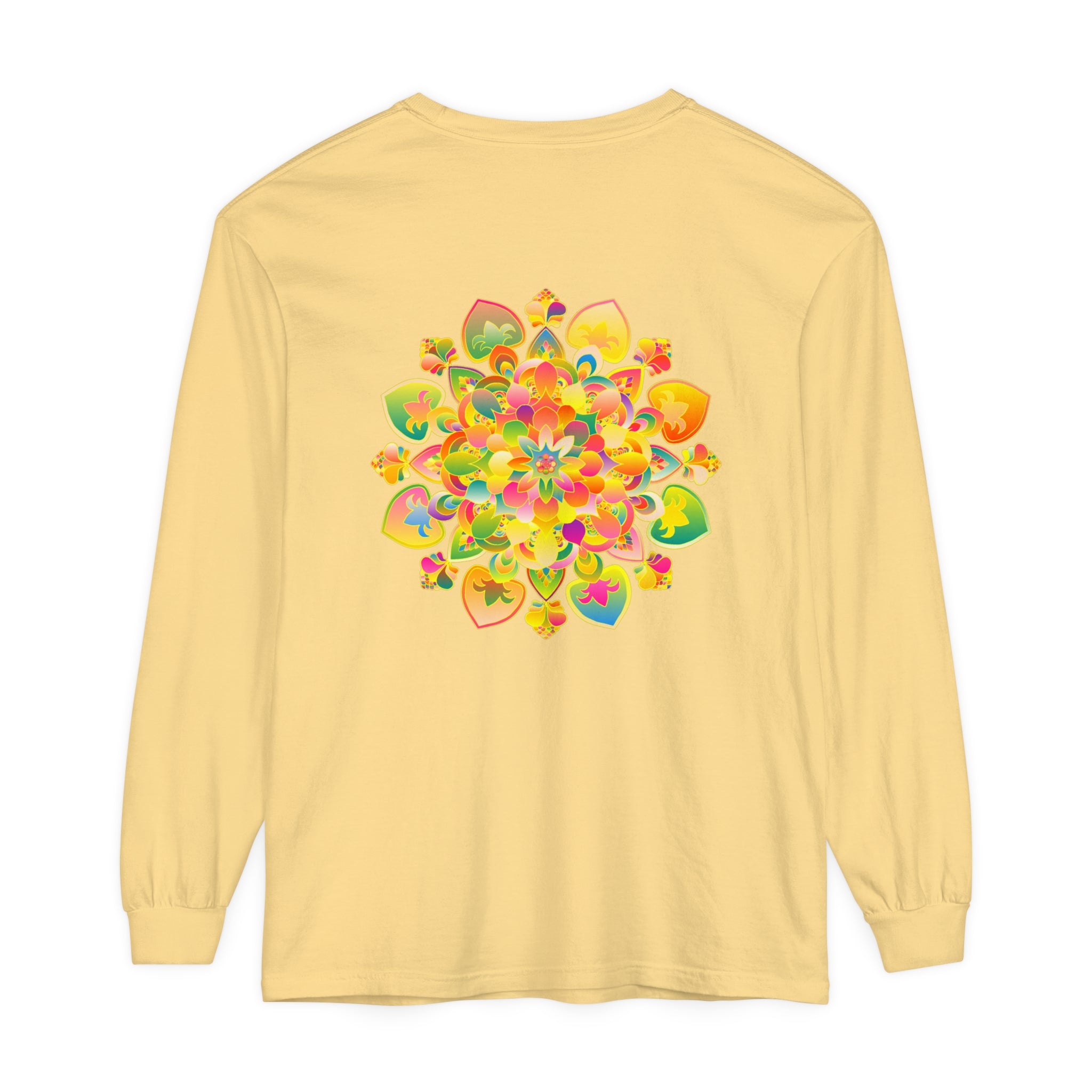 Colorful and intricate psychedelic mandala design on a long sleeve t-shirt