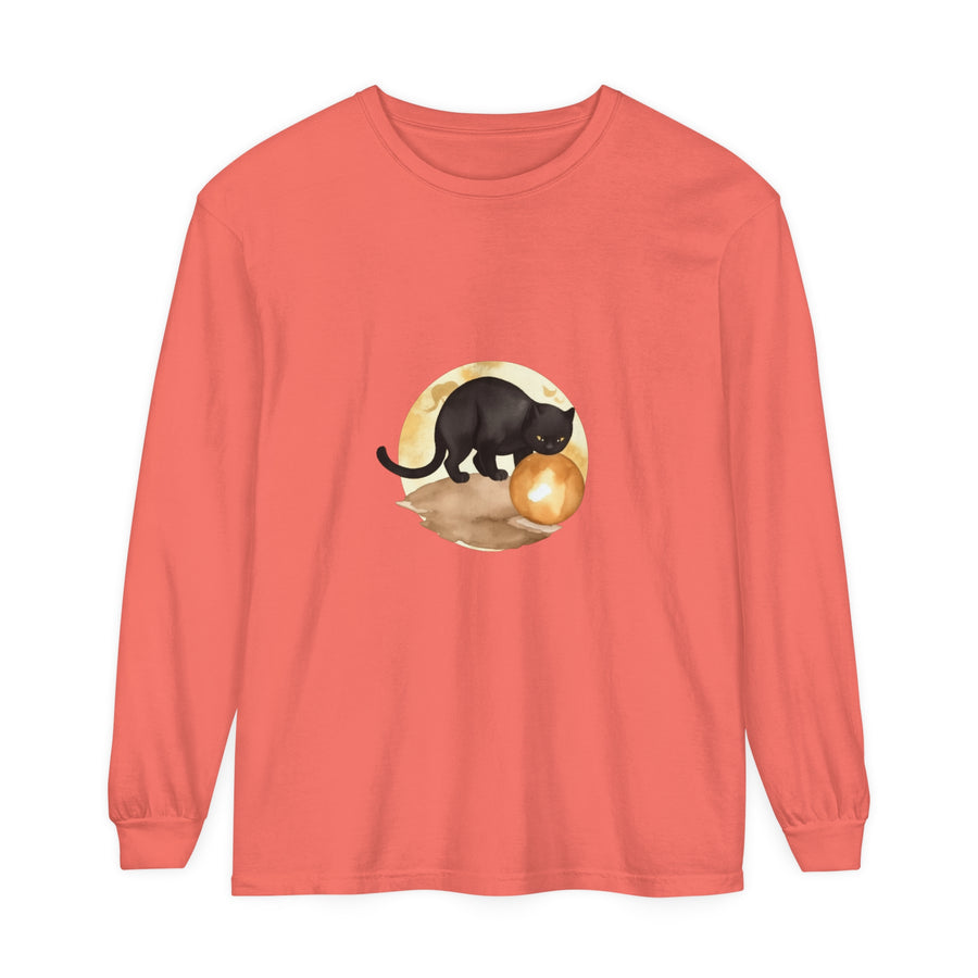 Black Cat & Moon Night Sky T-Shirt featuring a majestic feline gazing at the moon against a starry night background